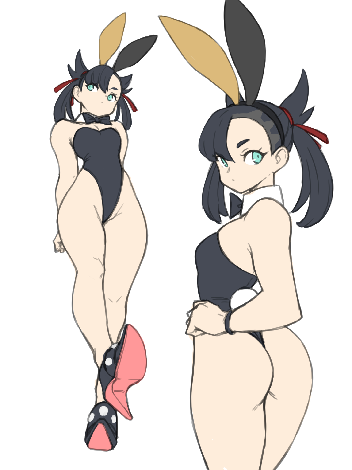 1girls, ass, ass focus, bunny ears, bunny girl, bunnysuit, clothed, clothed female, female, legs, leotard, marnie (pokemon), pokemon, toshinoshin00