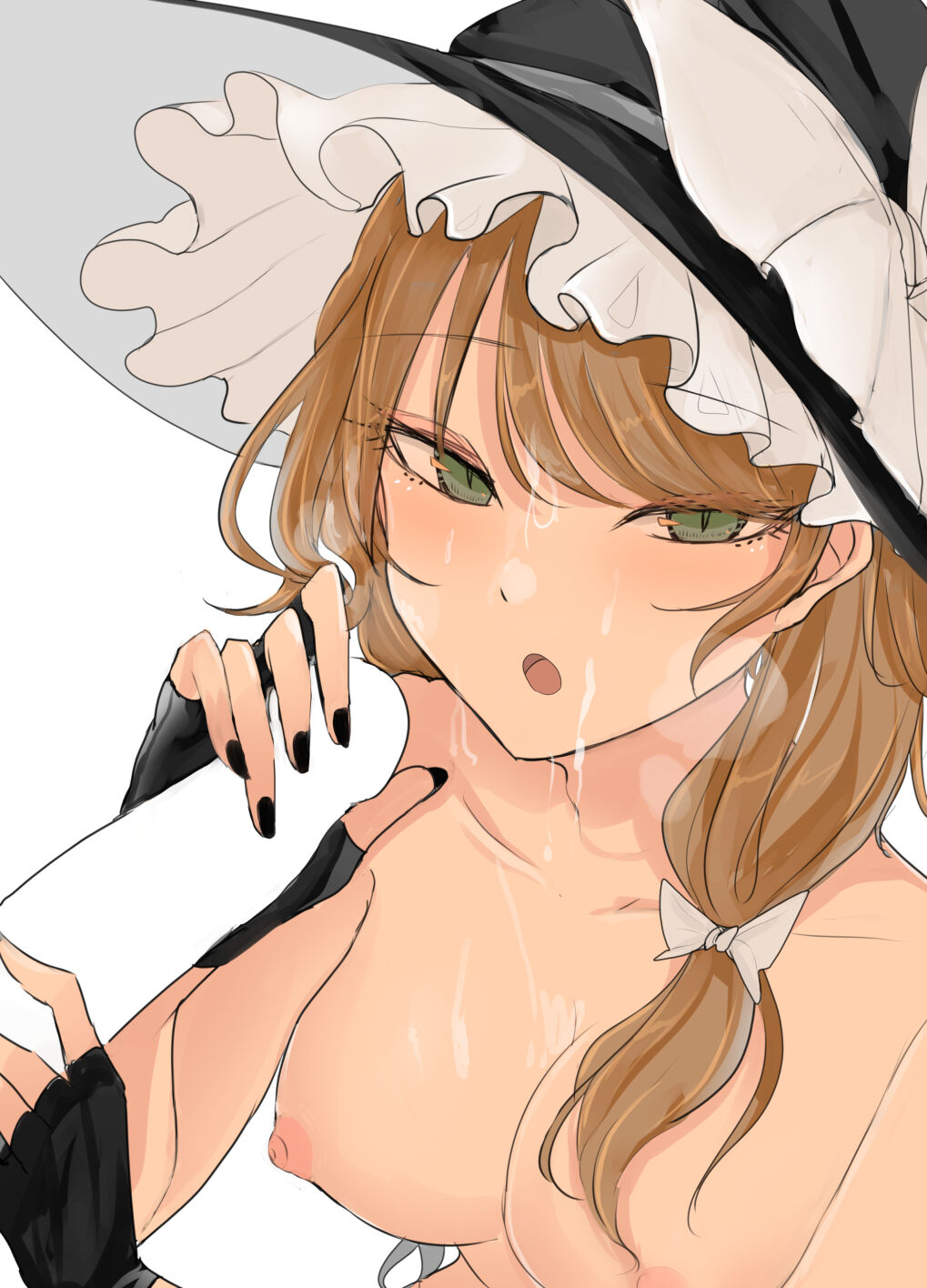 :o black_nails blonde_hair breasts breasts_out cum cum_on_breasts cum_on_face cumshot faceless_male facial female gloves green_eyes handjob looking_at_viewer marisa_kirisame nail_polish necro_(nekurodayo) outercourse painted_nails smile smiling tagme tits_out touhou witch witch_hat