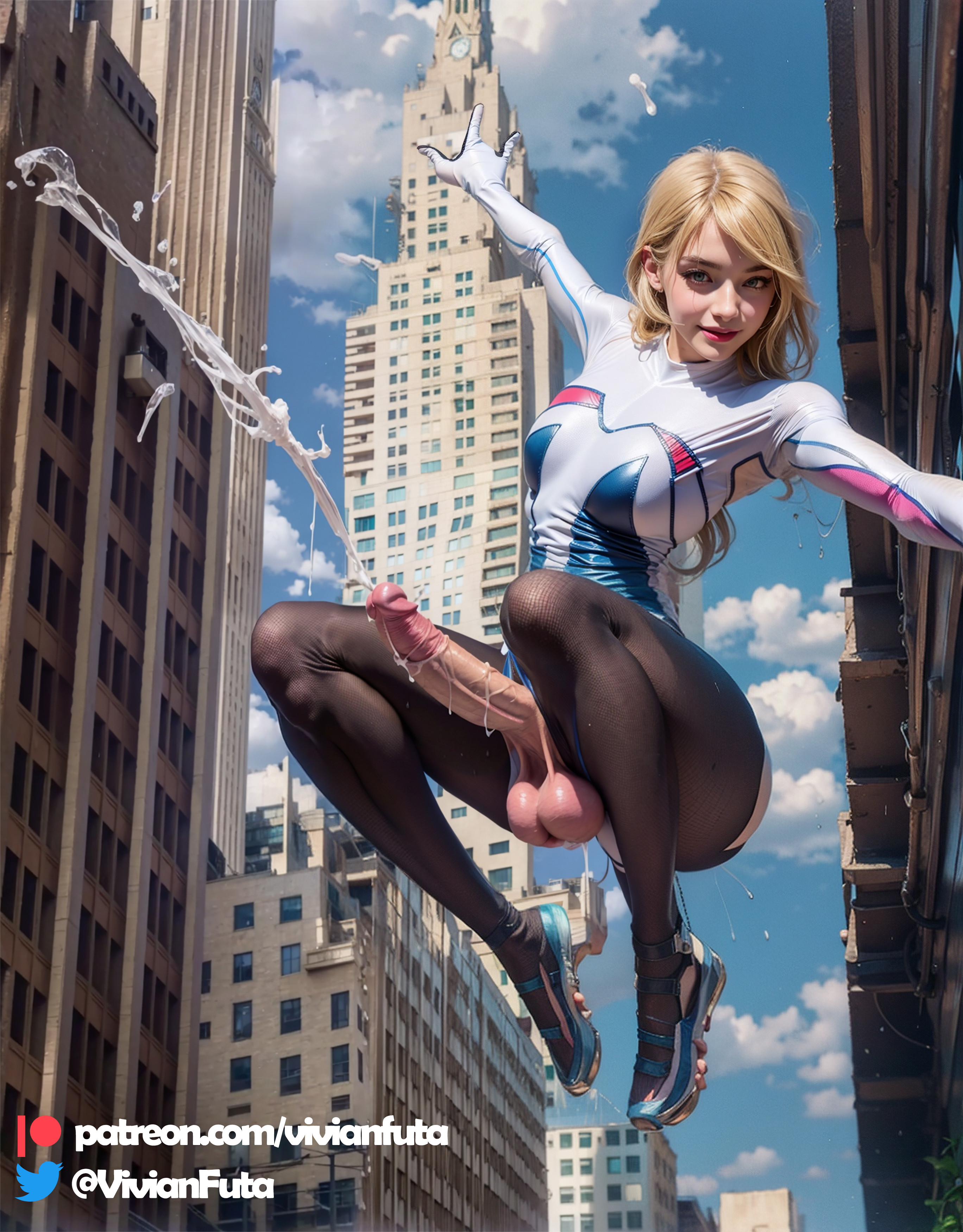 ai generated, balls, cum, futa only, futanari, gwen stacy, intersex, low hanging balls, marvel, marvel comics, saggy balls, solo futa, spider-gwen, vivian futa