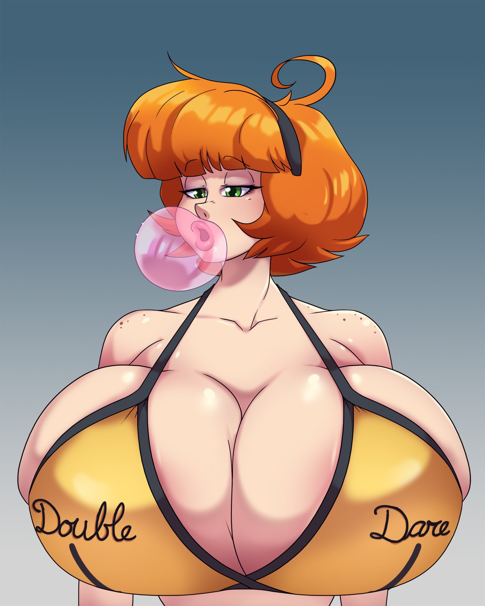 big breasts, breasts, breasts bigger than head, bubble gum, bursting breasts, color, colored, digital drawing (artwork), digital media (artwork), female, freckles, freckles on shoulders, gradient background, green eyes, hair band, maddison (spiralingstaircase), oc, red hair, simple background, spiralingstaircase
