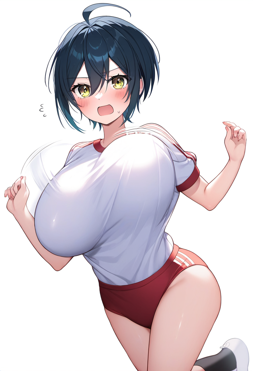 1girls ai_generated big_breasts blue_hair bouncing_breasts breasts danganronpa danganronpa_v3 embarrassed gender_transformation genderswap_(mtf) gym_clothing gym_shorts gym_uniform huge_breasts large_breasts rule_63 running saihara_shuuichi short_hair shuichi_saihara stable_diffusion