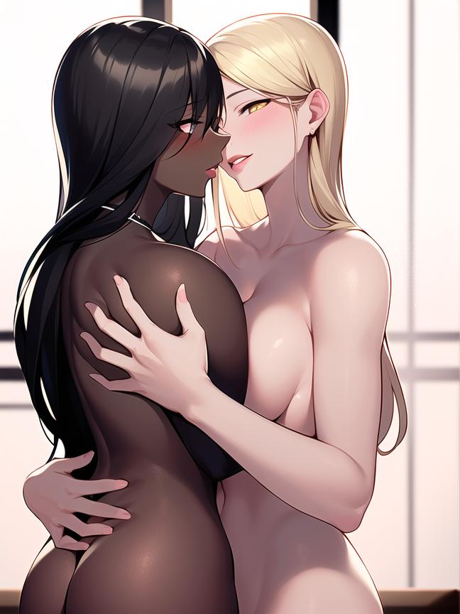 2girls ai_generated ai_mirror almost_kissing black_hair blonde_hair blue_eyes blush breast_press dark_skin hand_on_butt hand_on_shoulder hug lesbian long_hair looking_at_partner looking_nervous nude smile white_skin window yellow_eyes yuri