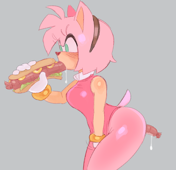 1girls amy_rose anal anal_juice anal_object_insertion anal_penetration bracelet clothed_masturbation clothing dress eating female food furry gloves hotdog masturbation saliva_drip sausage sega simple_background sonic_(series) thoxintoinang