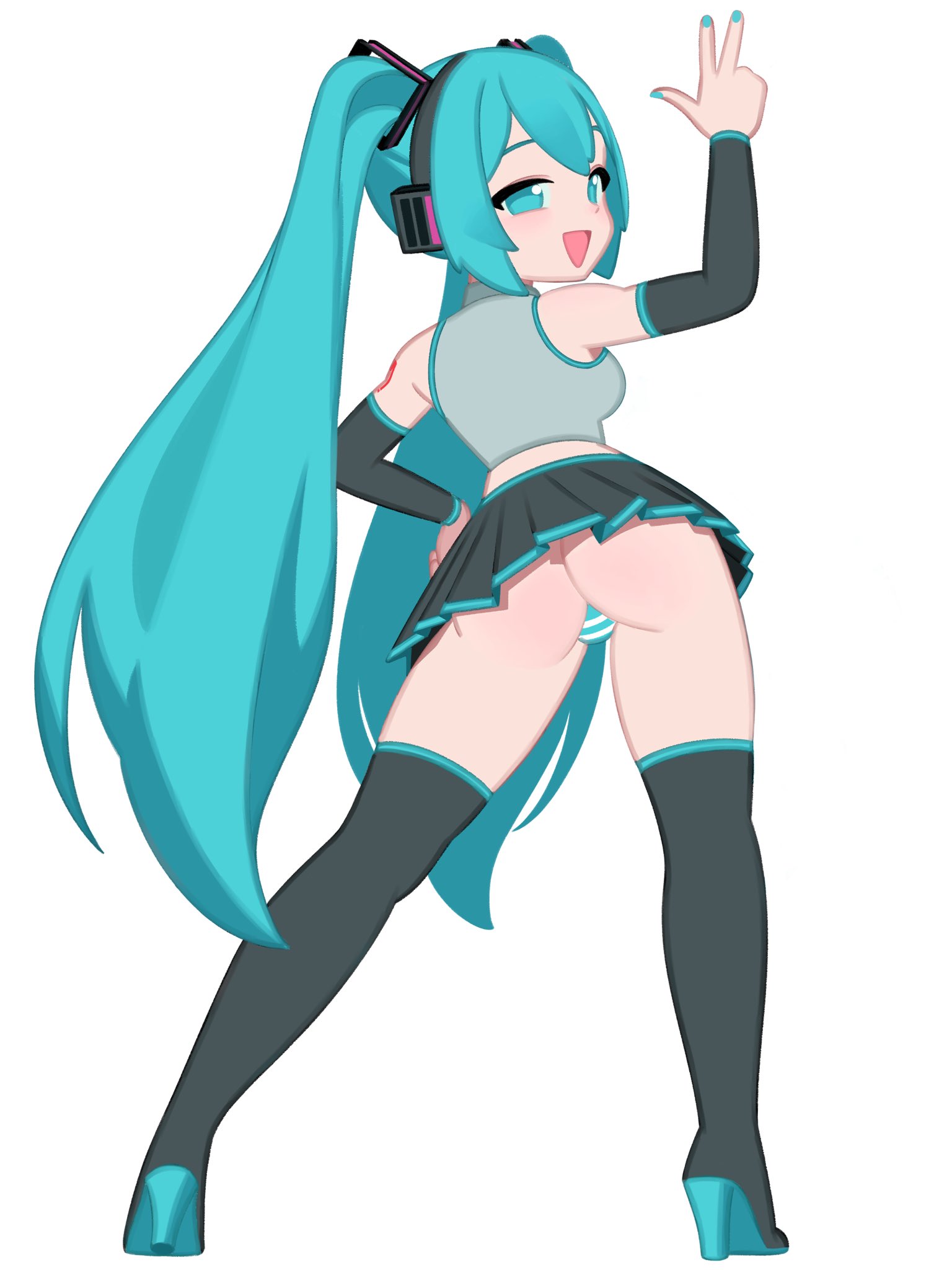 1girl, aqua eyes, aqua hair, aqua nails, arm warmers, ass, bare shoulders, black skirt, black thighhighs, boots, breasts, detached sleeves, female, from behind, grey shirt, hand on hip, hatsune miku, headphones, high heel boots, high heels, highres, hochihochiha, hochihochihavocaloid, long hair, looking at viewer, looking back, miniskirt, open mouth, panties, pleated skirt, shirt, simple background, skirt, sleeveless, sleeveless shirt, smile, smiling, solo, striped, striped panties, thigh boots, thighhighs, twintails, underwear, very long hair, white background