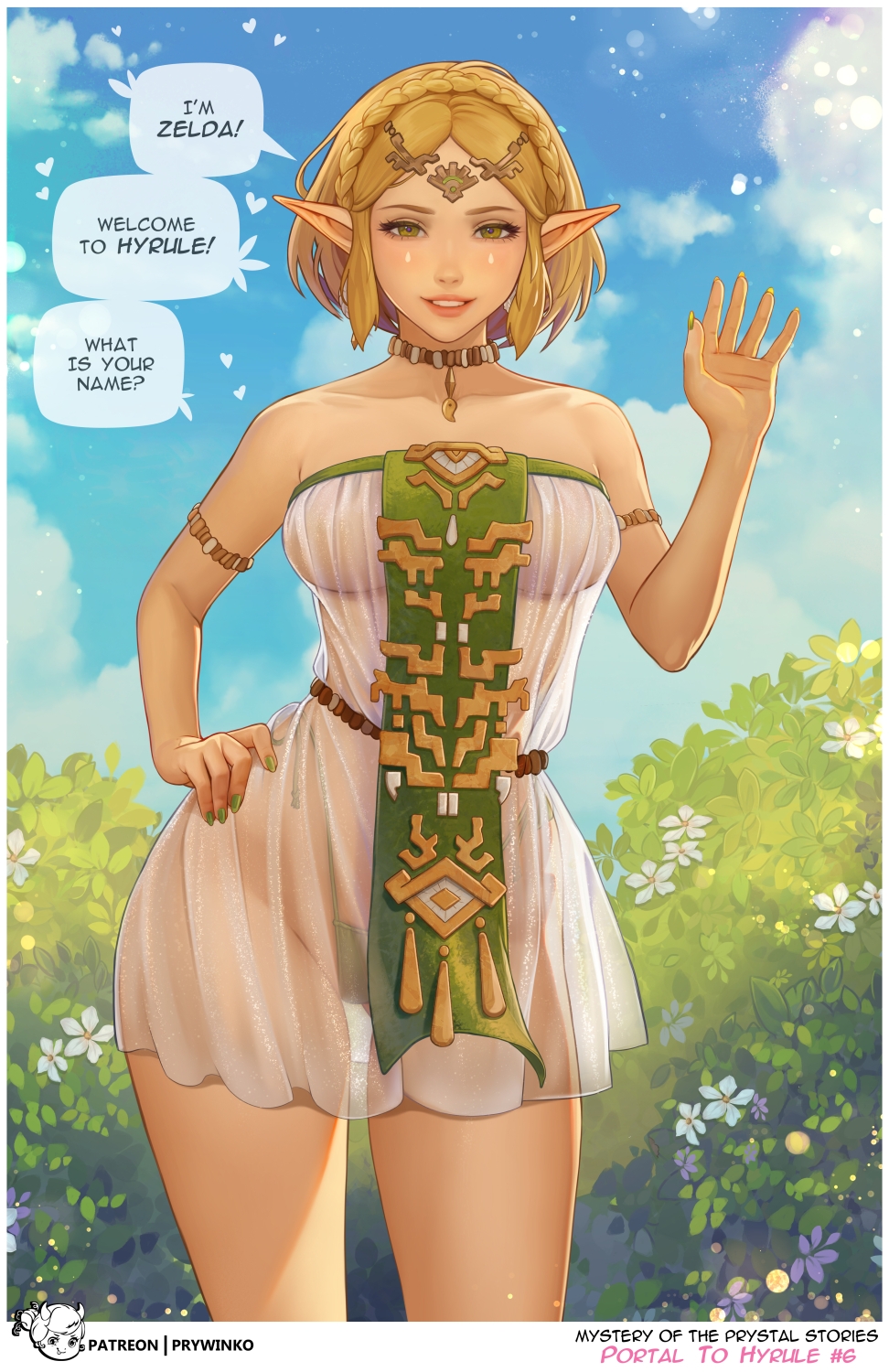 1girls bimbo comic comic_page crossover dress elf_ears elf_female female female_focus female_only hand_on_hip hylian hylian_ears nintendo page_6 princess_zelda prywinko see-through_clothing tears_of_the_kingdom the_legend_of_zelda waving zelda_(tears_of_the_kingdom)