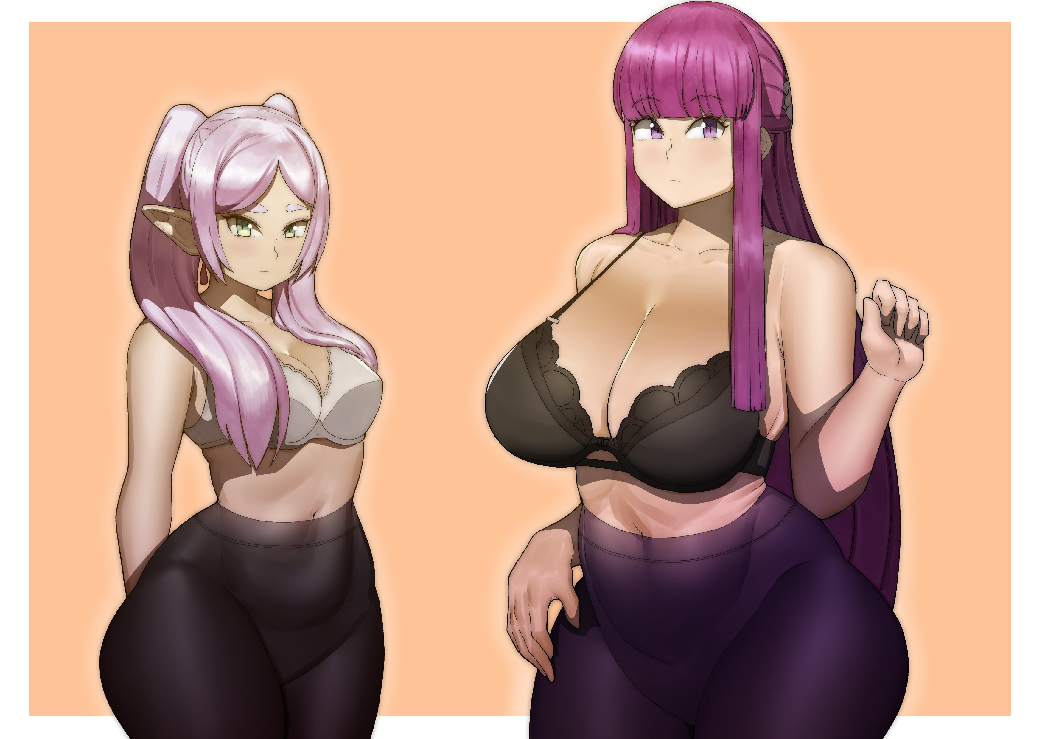 2girls, breast size difference, breasts, doublehero, elf, elf ears, elf female, female, female only, fern (sousou no frieren), frieren, hips, huge breasts, long hair, medium breasts, multiple females, multiple girls, purple eyes, purple hair, sousou no frieren, thick thighs, thighs, twintails, white hair, wide hips
