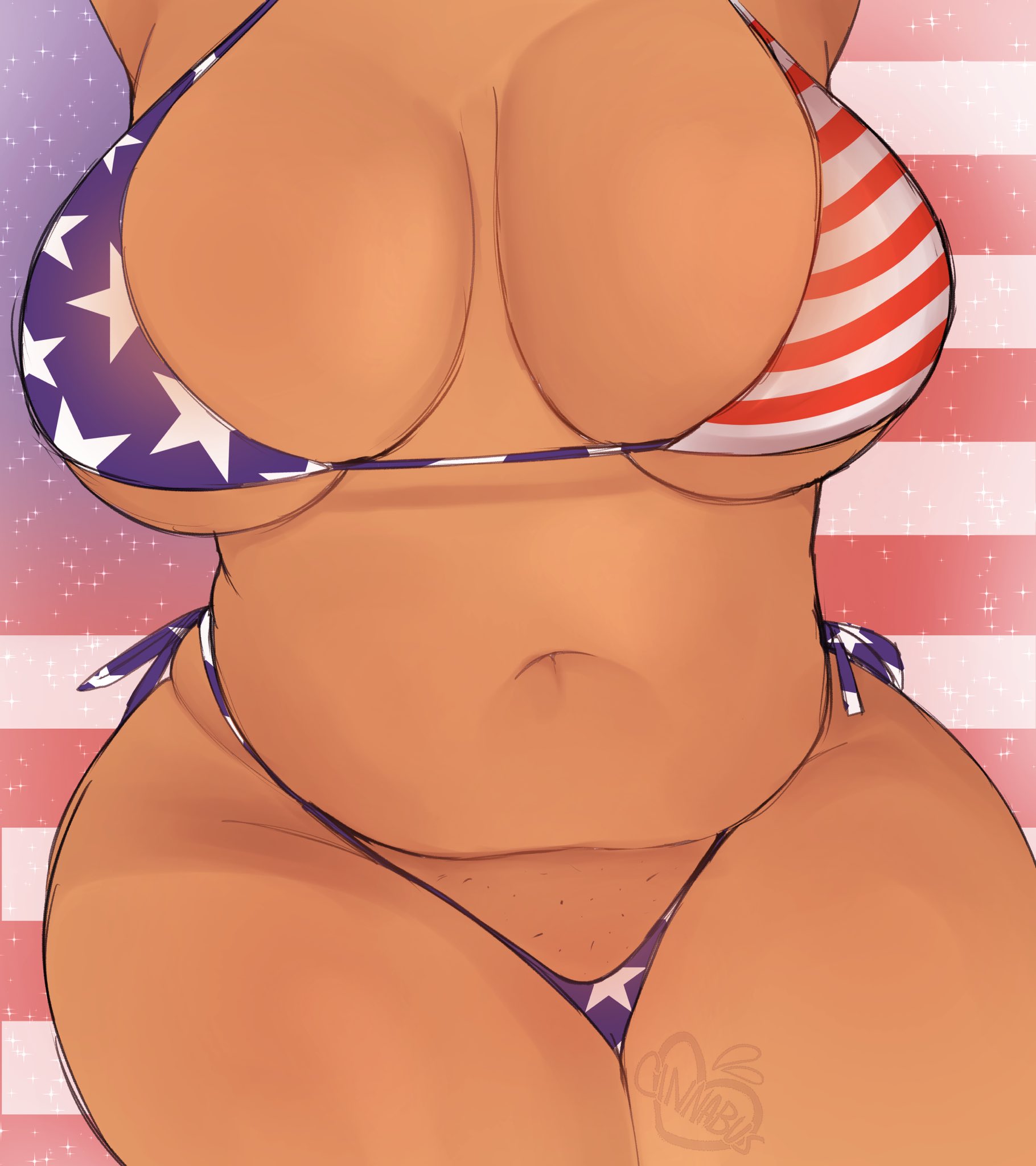 1girls, 4th of july, american flag bikini, bikini, breasts, brown skin, chubby, cinnabus, dark skin, dark-skinned female, eyes out of frame, female, hips, huge breasts, navel, original, original character, sona (cinnabus), thick thighs, thighs, voluptuous, wide hips