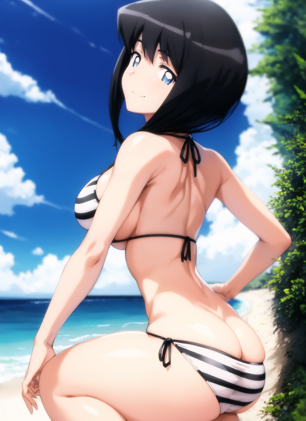 1girls ai_generated ai_hands ass beach big_ass big_breasts bikini black_hair blue_eyes busty fat_ass female female_only large_breasts legs looking_at_viewer looking_back ocean short_hair sideboob siesta smile solo squatting thighs voluptuous water zero_no_tsukaima