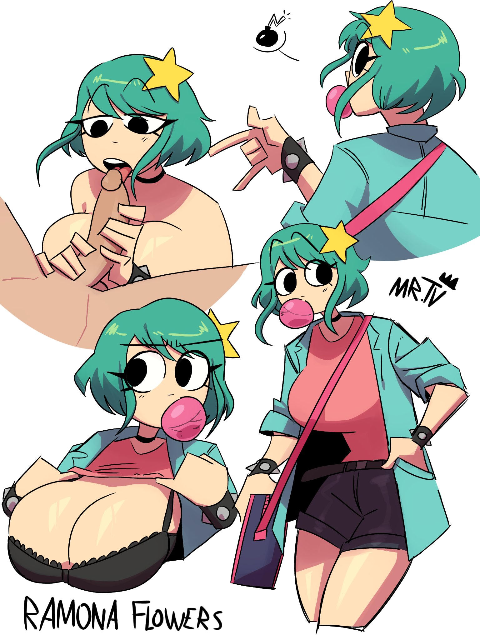 1boy, 1girls, back view, black eyes, bra, bubble gum, clothed, fellatio, female, green hair, hair ornament, looking back, male, mrtv studios, nude, nude female, nude male, ramona flowers, scott pilgrim, shirt lift, short hair, spiked bracelet, spikes, star