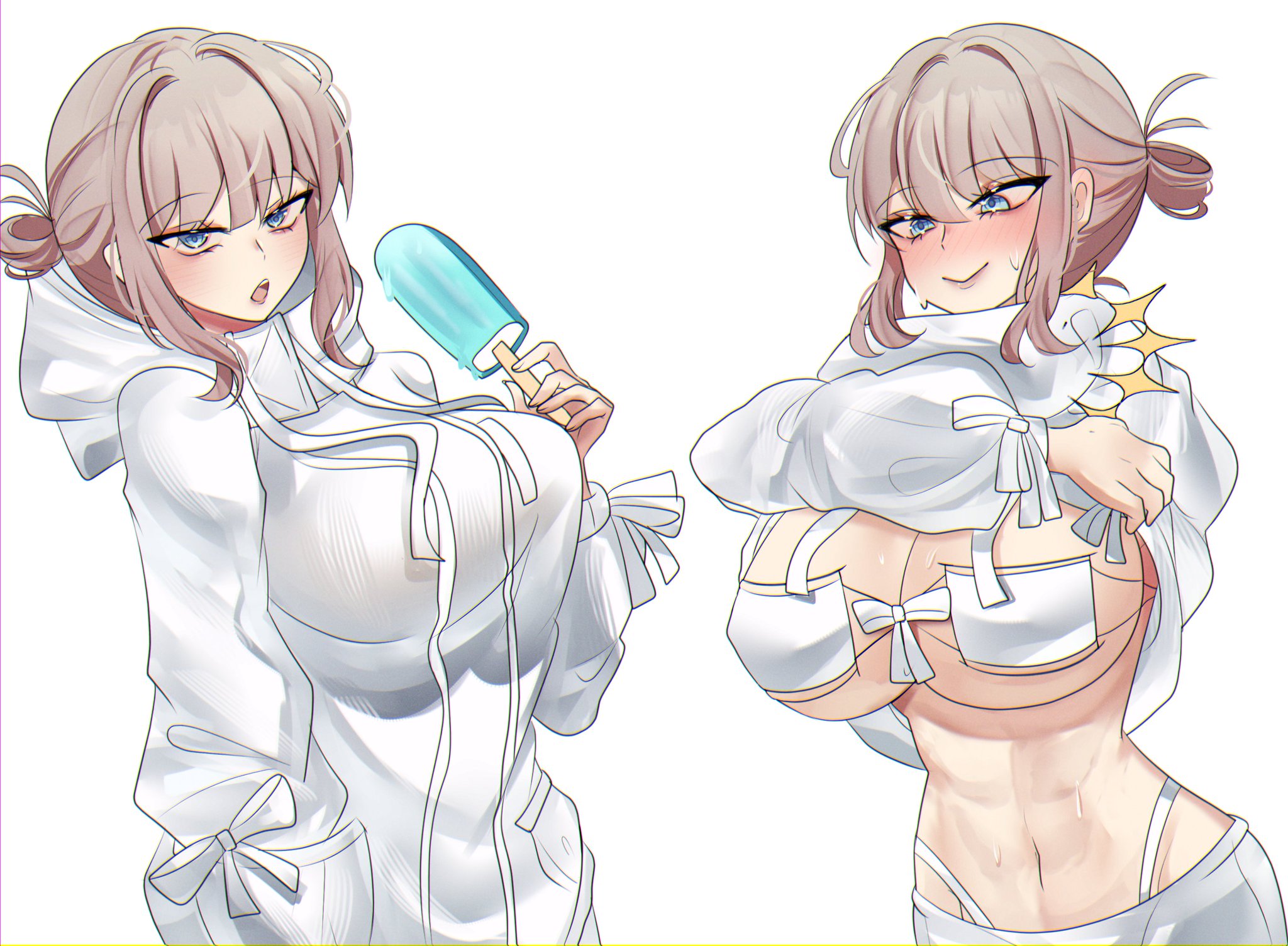 1girls, 2d, abs, athletic, athletic female, big breasts, bikini, blush, breasts, breasts bigger than head, fate (series), fate/grand order, female, fit, fit female, genderswap, genderswap (mtf), muscles, muscular, muscular female, nervous, oberon (fate grand order), popsicle, rule 63, sweat, sweatdrop, swimsuit, trashochist, type-moon