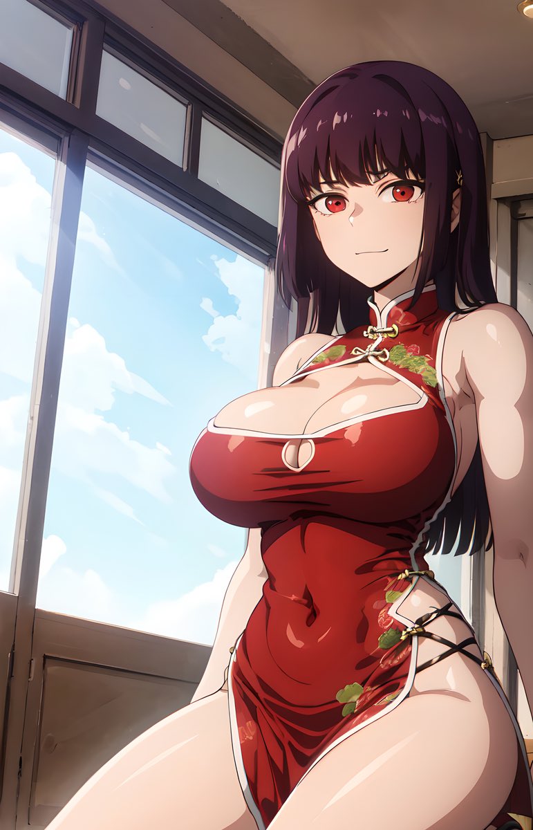 1girls, ai generated, big breasts, breasts, busty, chinese clothes, chinese dress, cleavage, covered navel, female, female only, large breasts, legs, long hair, looking at viewer, midriff, navel, please don't bully me, nagatoro, president (nagatoro), purple hair, red eyes, sana sunomiya, smile, solo, stable diffusion, thick thighs, thighs, voluptuous