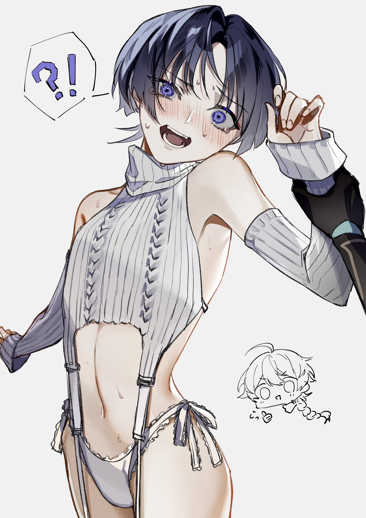 2boys, aether (genshin impact), bare shoulders, belly button, blue eyes, blue hair, blush, duo, embarrassed, femboy, femboy focus, genshin impact, human, human only, light skin, light-skinned femboy, light-skinned male, looking at viewer, male, male only, open mouth, panties, pov, pov eye contact, scaramouche (genshin impact), solo focus, sweat, sweater, thumbs up, turtleneck, turtleneck sweater, twink, underwear, unito 468, virgin destroyer sweater, waist, wrist grab