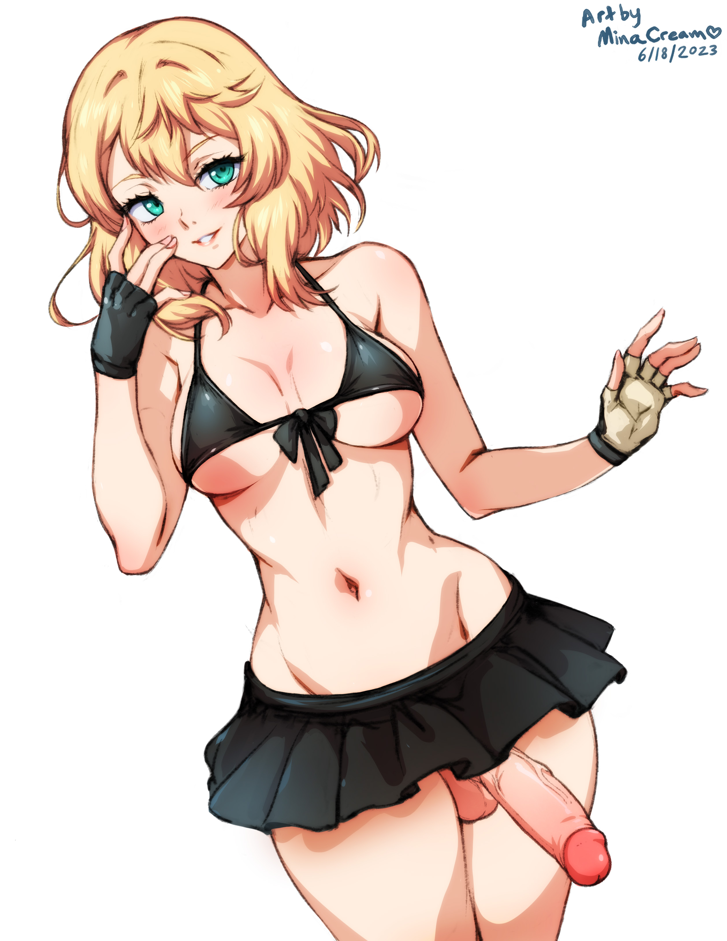 1futa, balls, belly, big penis, bikini, blonde hair, breasts, bridget, futa only, futanari, genderswap, gloves, green eyes, guilty gear, guilty gear strive, guilty gear xx, hoodie, intersex, medium breasts, minacream, penis, penis under skirt, rule 63, skirt, tagme, veiny penis, wide hips