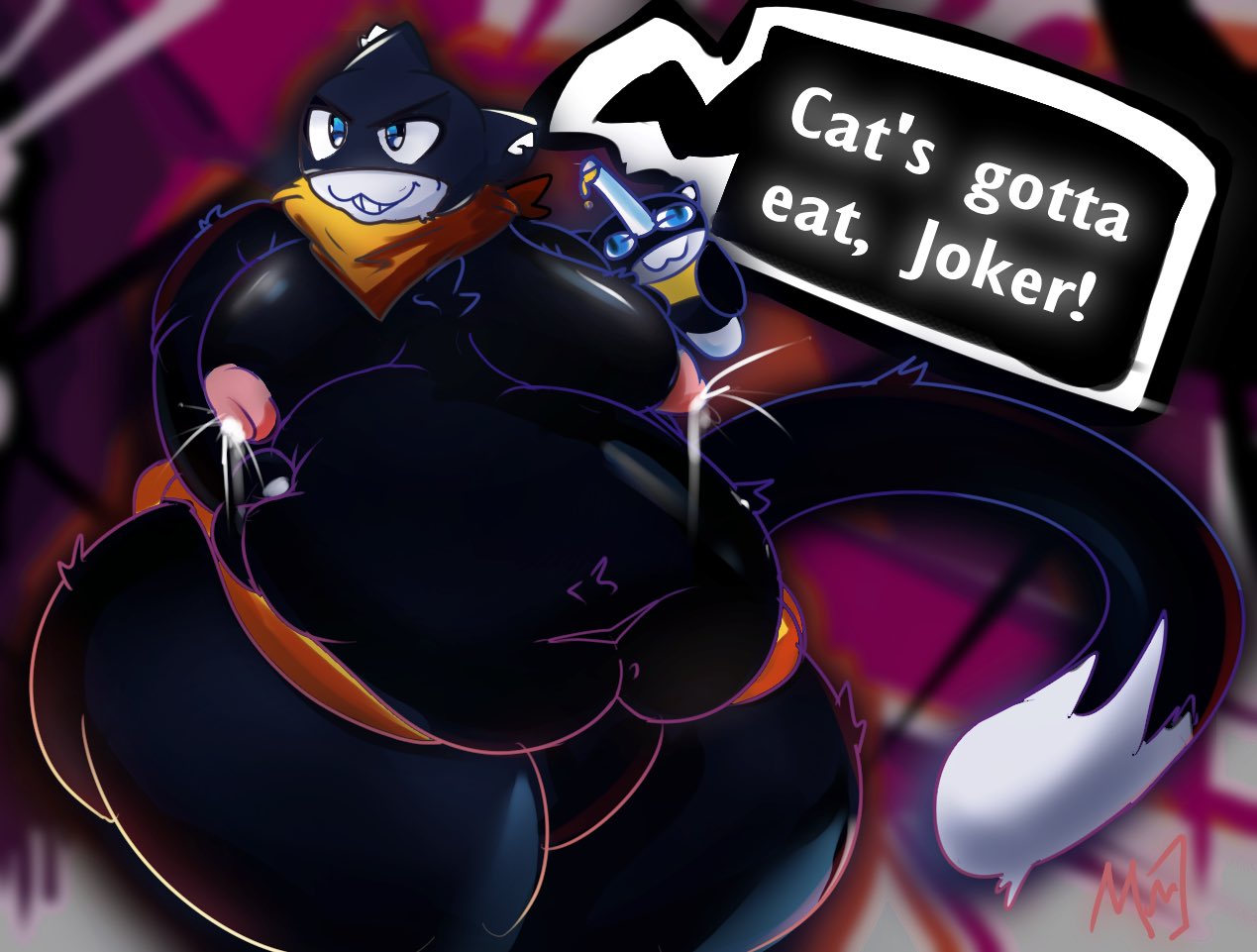 anime big big_ass big_breasts big_butt big_nipples big_thighs bulge chubby chubby_anthro chubby_male eating fat fat_man fatfur feline furry gay huge_ass huge_breasts huge_butt huge_thighs lactating lactation male milk mirukiblue moobs morgana_(persona) obese overweight overweight_male persona persona_5 stomach stomach_bulge stretched_belt thighs tummy weight_gain