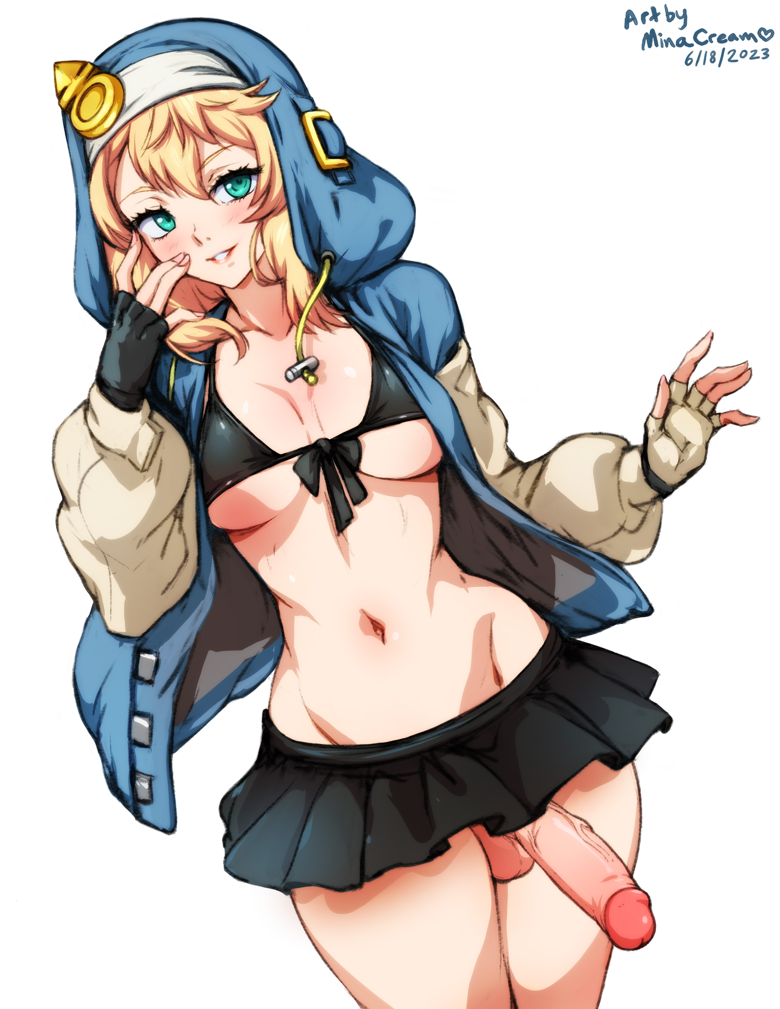1futa, balls, belly, bikini, blonde hair, breasts, bridget, futa only, futanari, gloves, green eyes, guilty gear, guilty gear strive, guilty gear xx, hoodie, intersex, minacream, penis, penis under skirt, skirt, tagme, veiny penis
