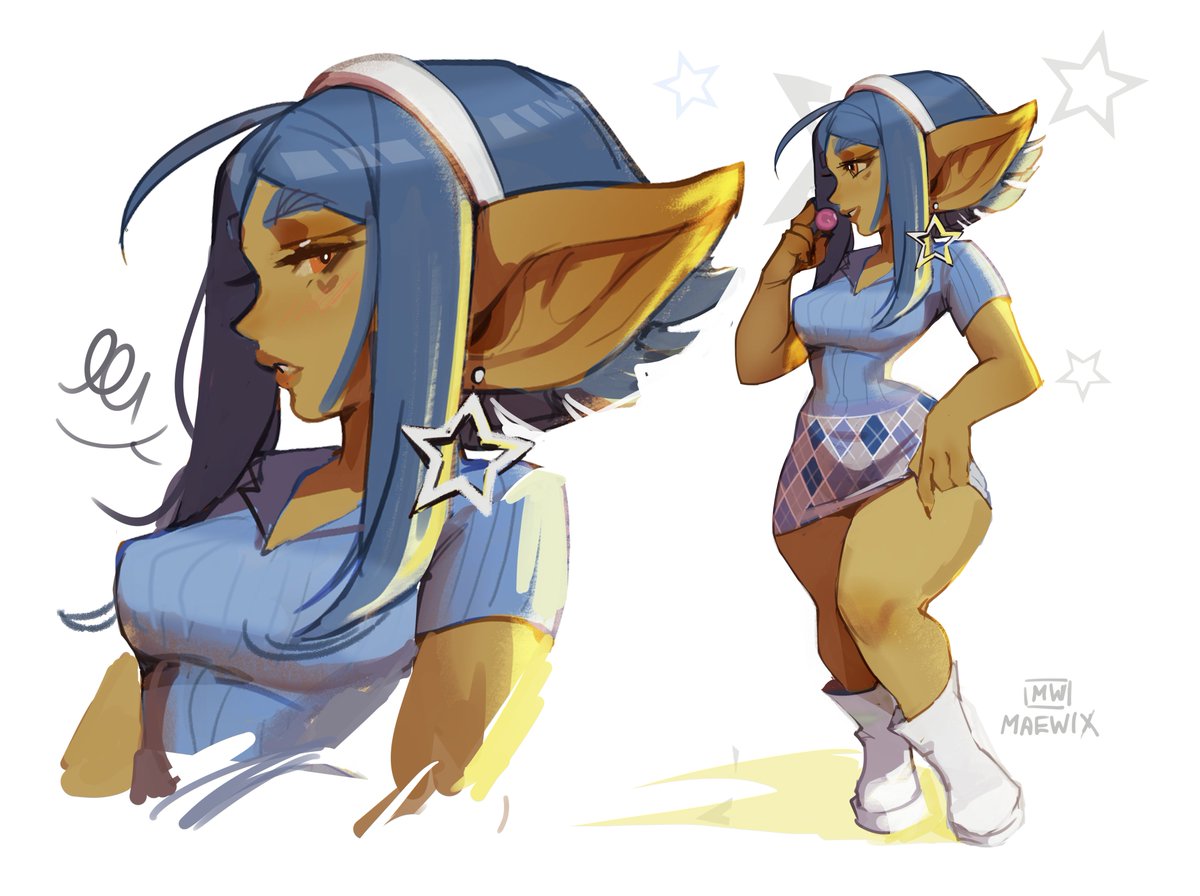 1girls, 4 fingers, big ears, blue hair, clothing, female, female only, goblin, goblin female, green skin, hairband, heart tattoo, looking at viewer, maewix1, orange eyes, pointy ears, rissma (maewix1), solo, tattoo, tattoo under eye, thick thighs