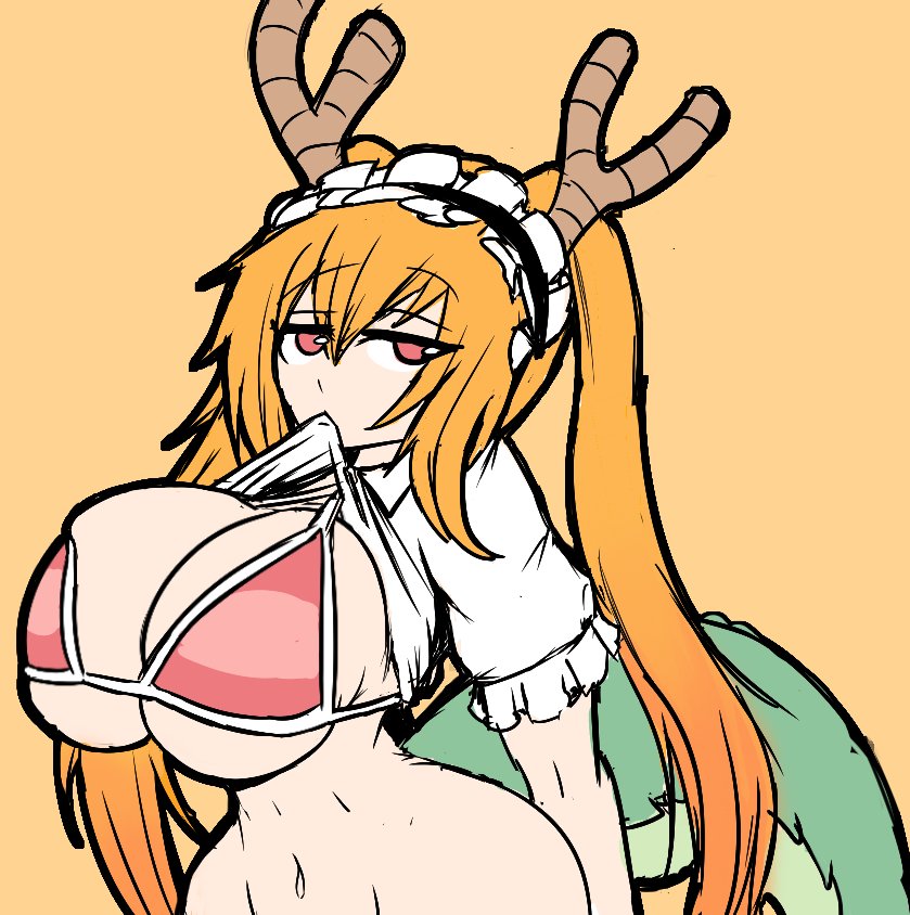 1girls big_breasts bikini blonde_hair bra breasts breasts_bigger_than_head curvy_female desiredelta dragon_girl dragon_horns dragon_tail female huge_breasts large_breasts maid_headdress miss_kobayashi's_dragon_maid shirt_lift solo tohru_(dragon_maid) twintails upper_body wide_hips