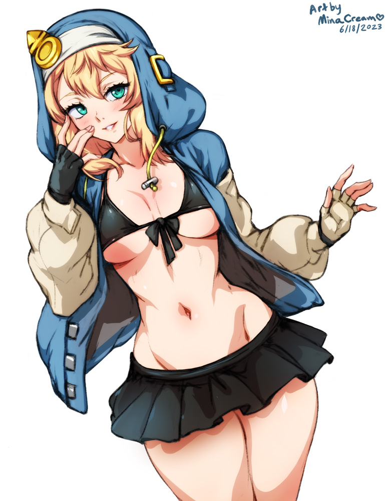 1girls, bikini, blonde hair, breasts, bridget, female, female only, gloves, green eyes, guilty gear, guilty gear strive, guilty gear xx, hoodie, minacream, rule 63, skirt, solo