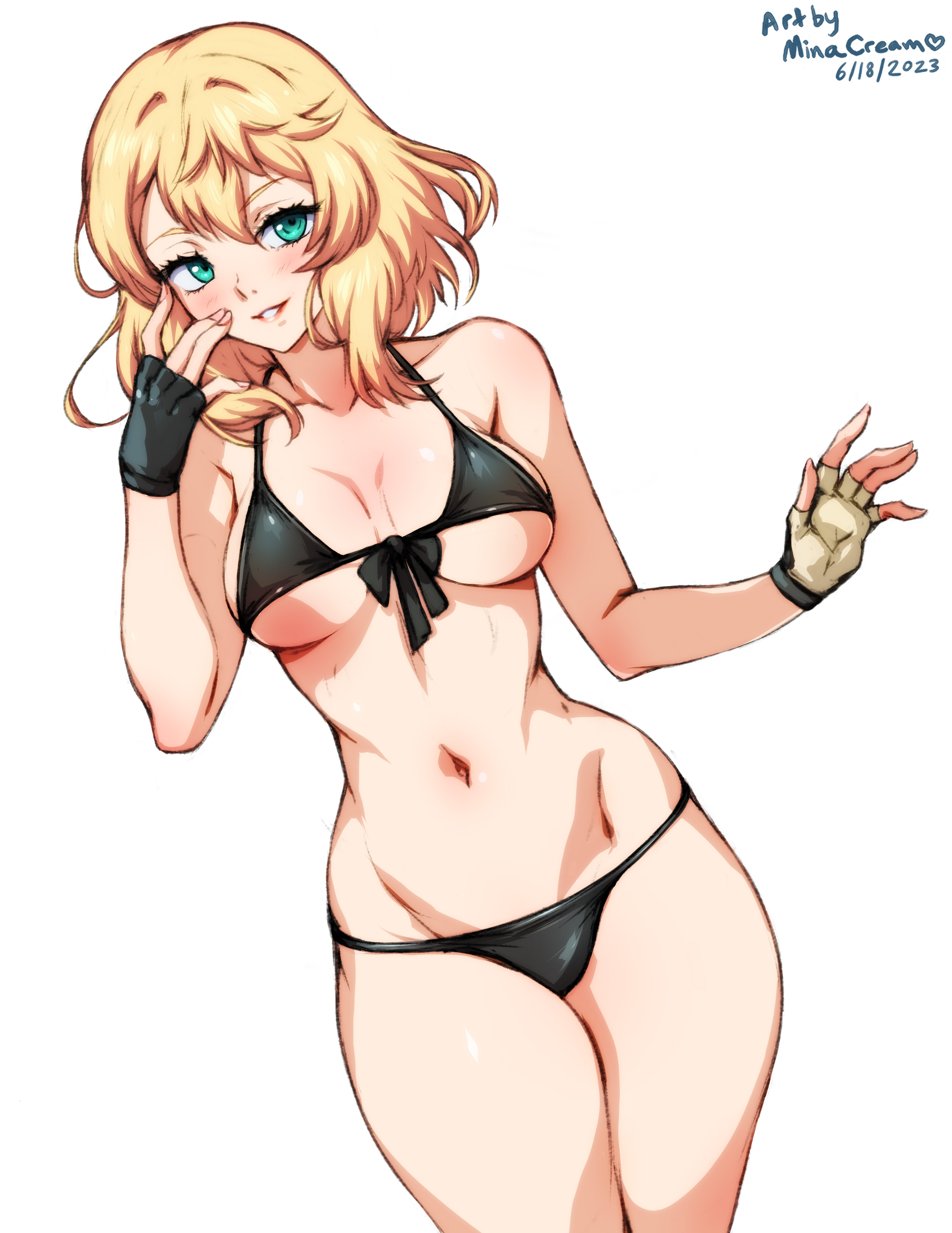1girls, bikini, blonde hair, blue eyes, blush, breasts, bridget, female, female only, fingerless gloves, fingernails, genderswap, genderswap (mtf), gloves, green eyes, guilty gear, guilty gear strive, guilty gear xx, hoodie, looking at viewer, minacream, navel, rule 63, seductive, simple background, smile, solo, swimsuit, thighs, white background, wide hips