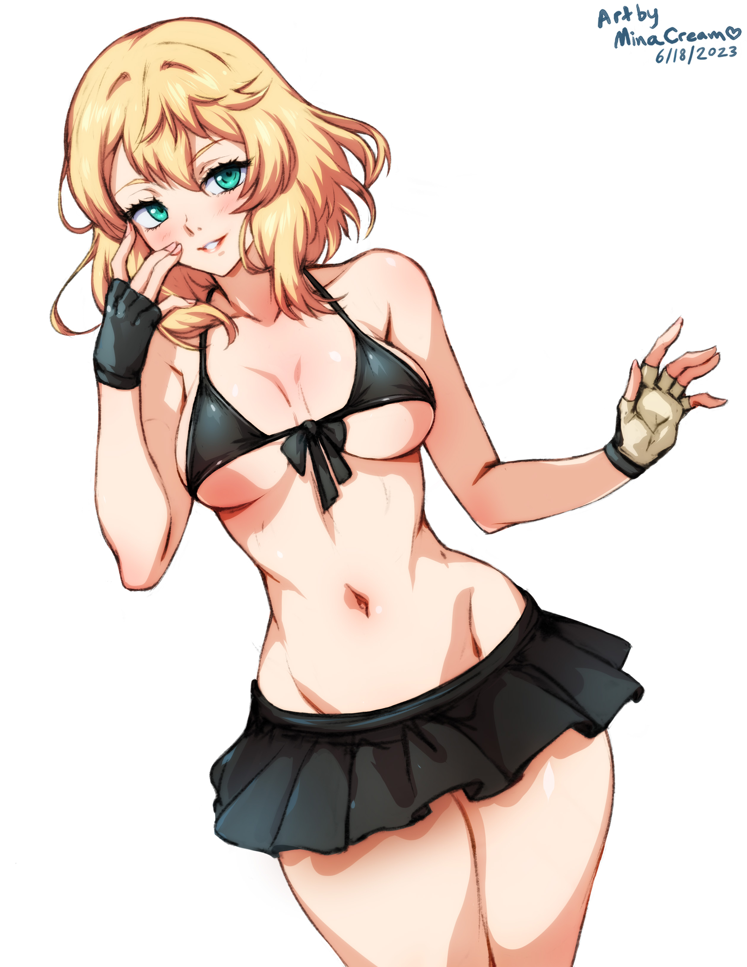 1girls, bikini, bikini top, blonde hair, blue eyes, blush, breasts, bridget, female, female only, fingerless gloves, fingernails, gloves, green eyes, guilty gear, guilty gear strive, guilty gear xx, hoodie, looking at viewer, minacream, miniskirt, navel, rule 63, seductive, simple background, skirt, smile, solo, thighs, white background, wide hips