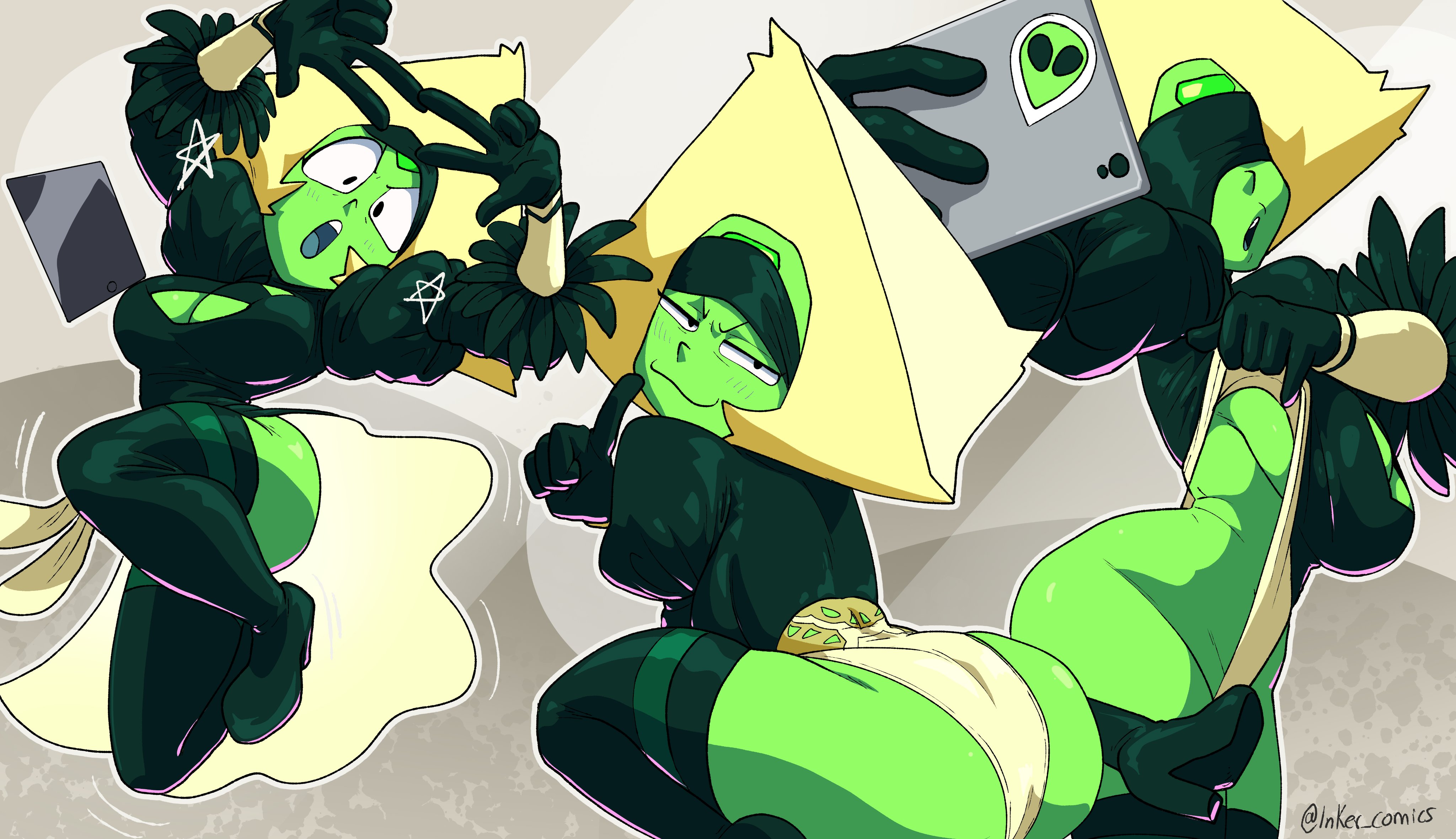 1girls, ass, big ass, big breasts, black blindfold, blindfold, blush, breasts, cleavage, coolerinker, cosplay, double peace sign, eyewear, female, female only, forehead jewel, green body, green skin, hair, heels, huge ass, inker comics, inkershike, legwear, leotard, leotard pull, looking back, multiple views, nier, nier (series), nier: automata, open mouth, peace sign, peridot (steven universe), phone, selfie, shortstack, smug, smug face, solo, solo female, square enix, steven universe, thick thighs, thighs, yorha 2b (cosplay)