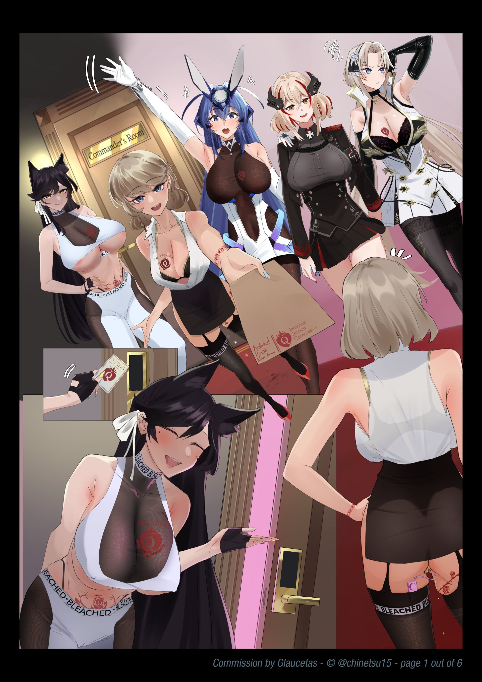 5girls, animal ears, atago (azur lane), azur lane, bad pixiv id, black hair, bleached, bleached clothing, blonde female, blonde hair, blue hair, chinetsu15, commission, female, heart tattoo, new jersey (azur lane), queen of hearts, roon (azur lane), sandy blonde hair, tan hair, tattoo, white hair