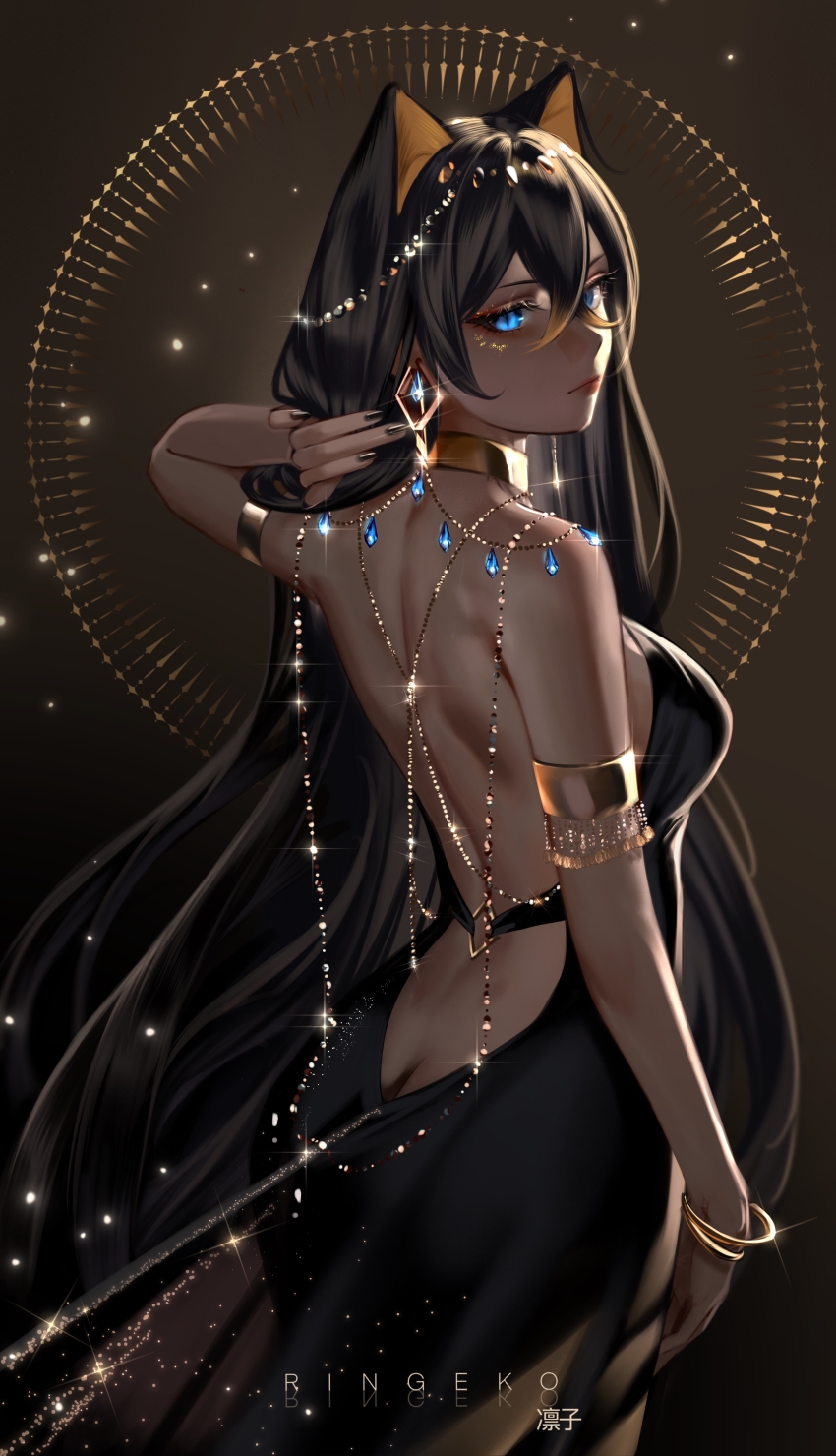 1girls black_dress black_nails blue_eyes dehya_(genshin_impact) dress exposed_back genshin_impact gold_jewelry jewelry looking_at_viewer looking_back nail_polish ringeko_chan