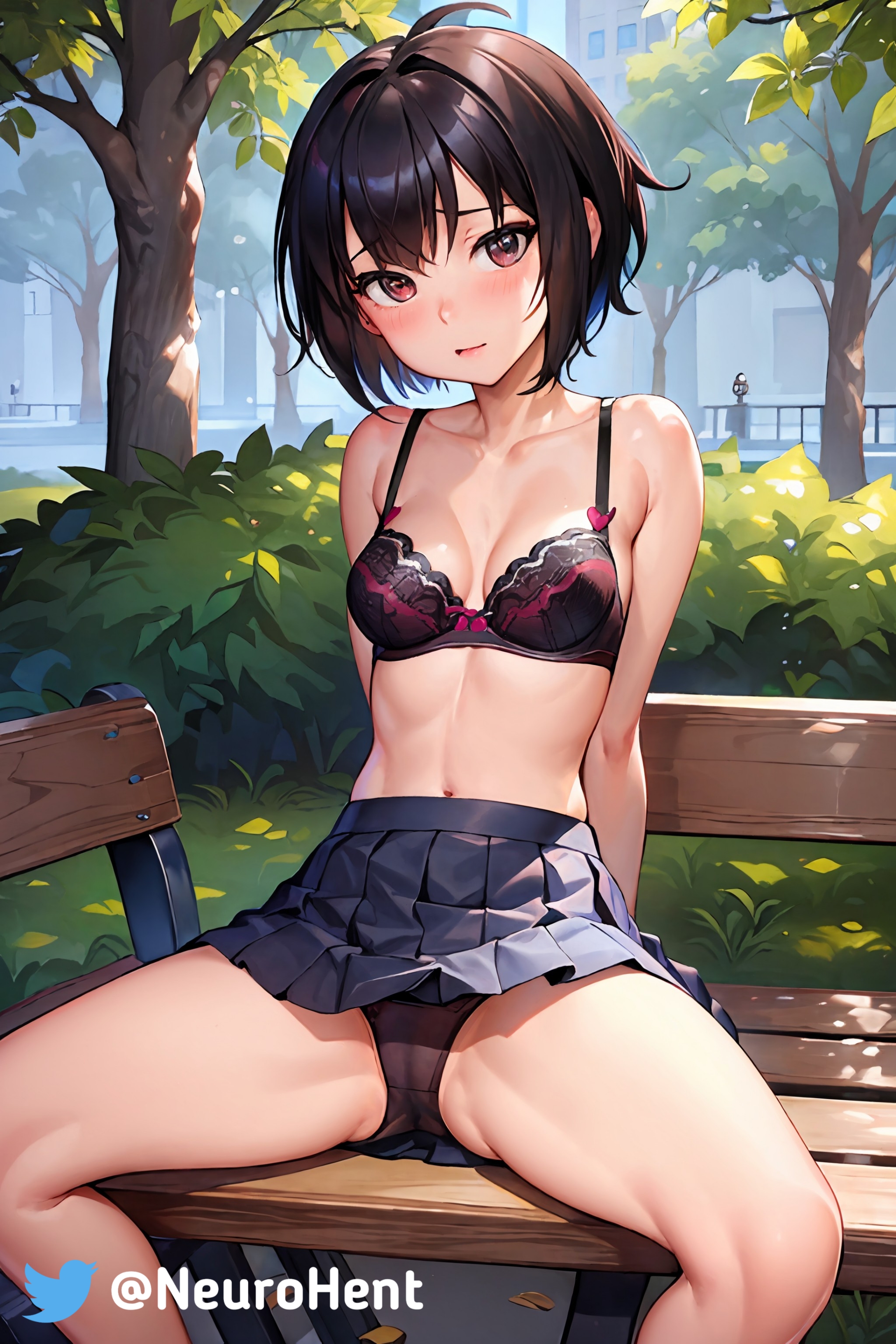 1girls, aged up, ai generated, arms behind back, black hair, bra, breasts, cameltoe, female, female only, legs, marvel, marvel comics, outdoors, outside, panties, peni parker, pussy, sitting, skirt, solo, spider-man: across the spider-verse, spider-man: into the spider-verse, spread legs, upskirt