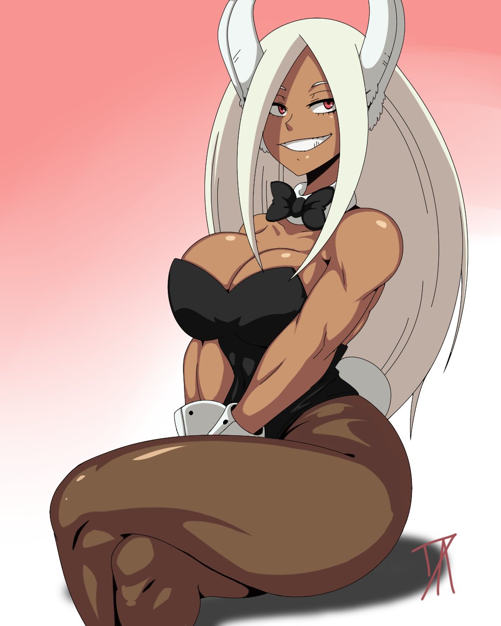 big_breasts bow bunny_ears bunny_girl dalley_le_alpha dressed_up female grin miruko muscular_female my_hero_academia rumi_usagiyama sitting tagme usagiyama_rumi white_fur white_hair