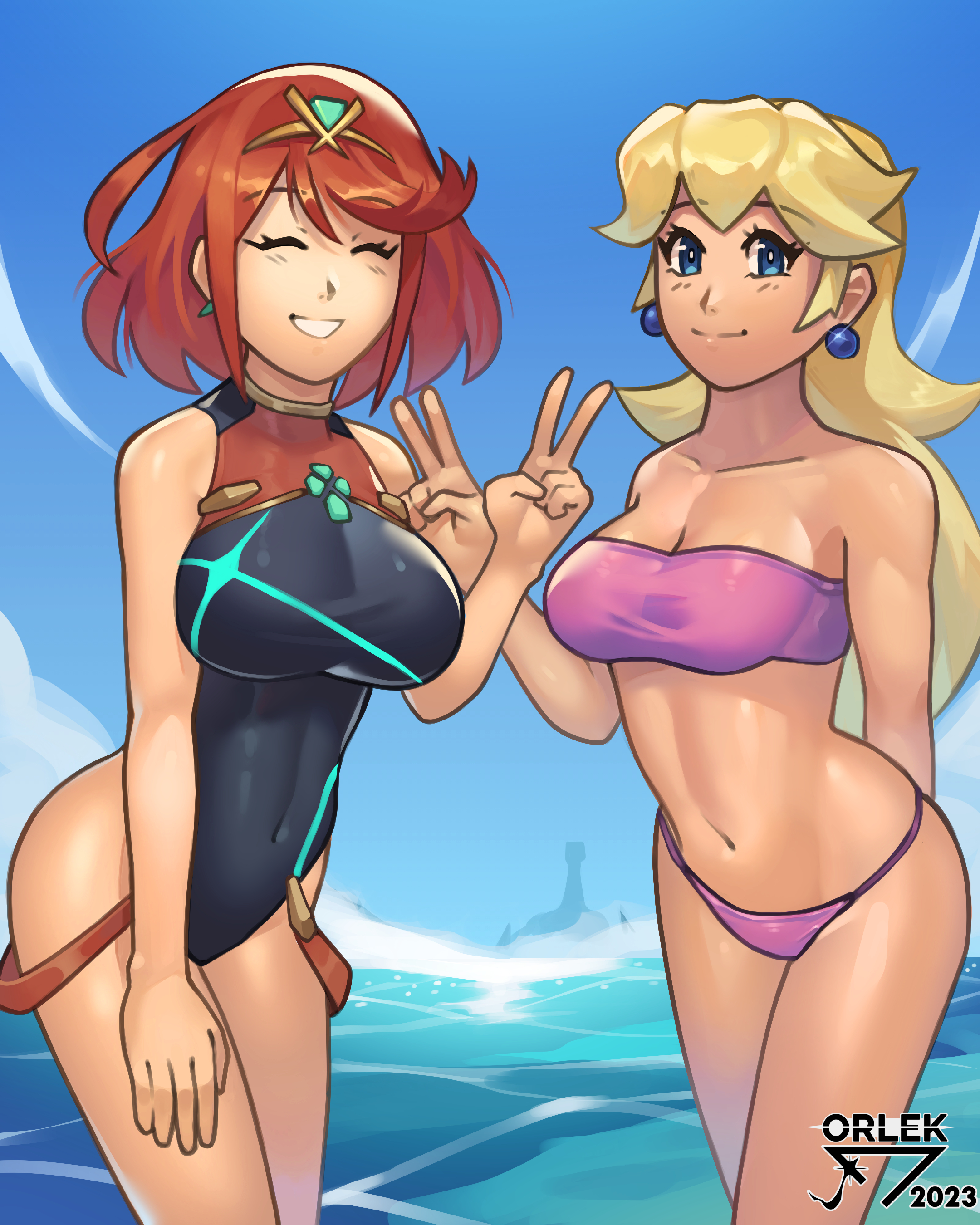 2girls, alternate costume, breasts, core crystal, crossover, female, female only, mario (series), nintendo, orlek, princess peach, pyra, xenoblade (series), xenoblade chronicles 2