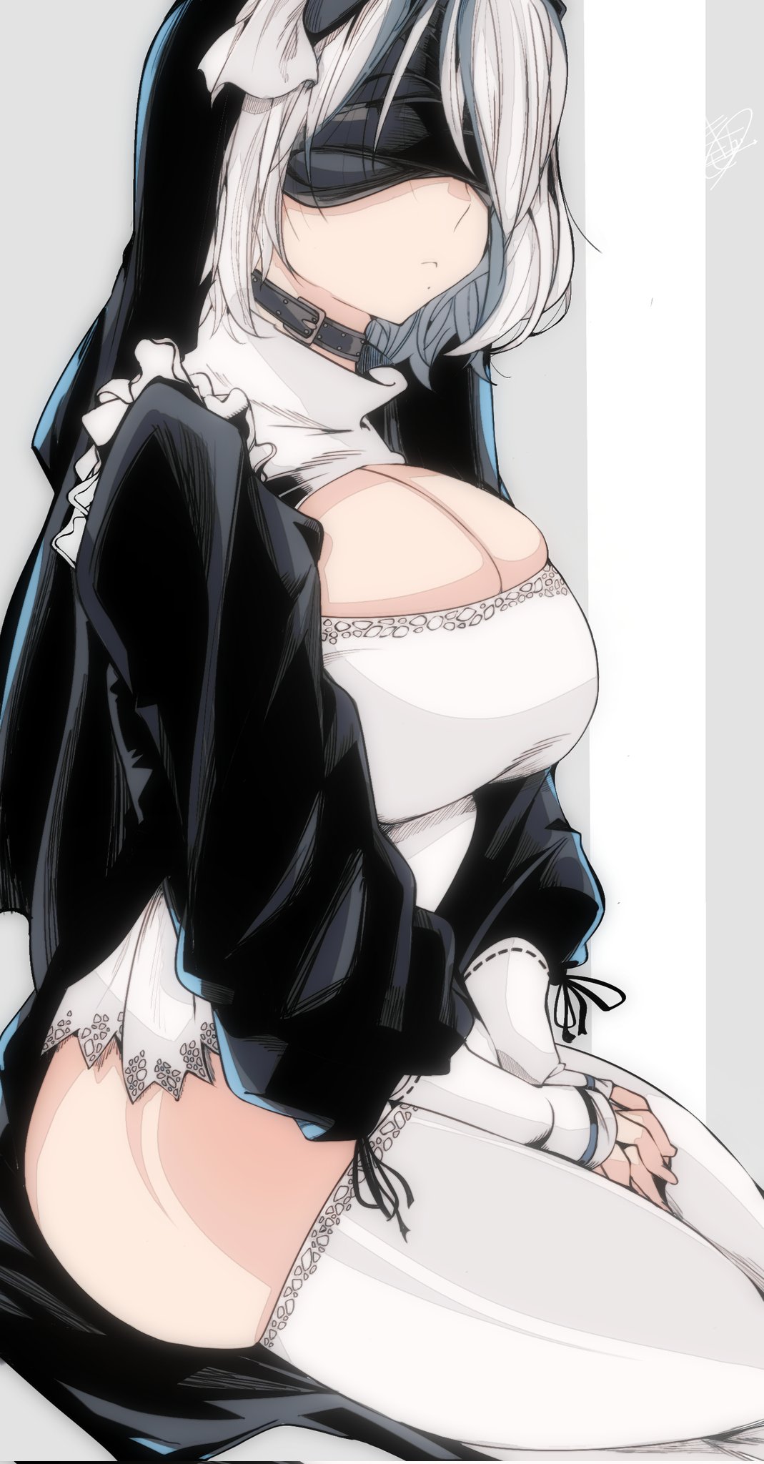 1girls 2023 2d 2d_(artwork) android artist_signature ass bare_ass big_ass big_breasts blindfold boob_window breasts choker clothed fanart hair_between_eyes kneeling large_ass large_breasts light-skinned_female light_skin mole mole_under_mouth nier:_automata nun nun_outfit omochi_db platinum_games short_hair sitting square_enix stockings thick_thighs thighhighs thighs voluptuous voluptuous_female white_hair yorha_2b