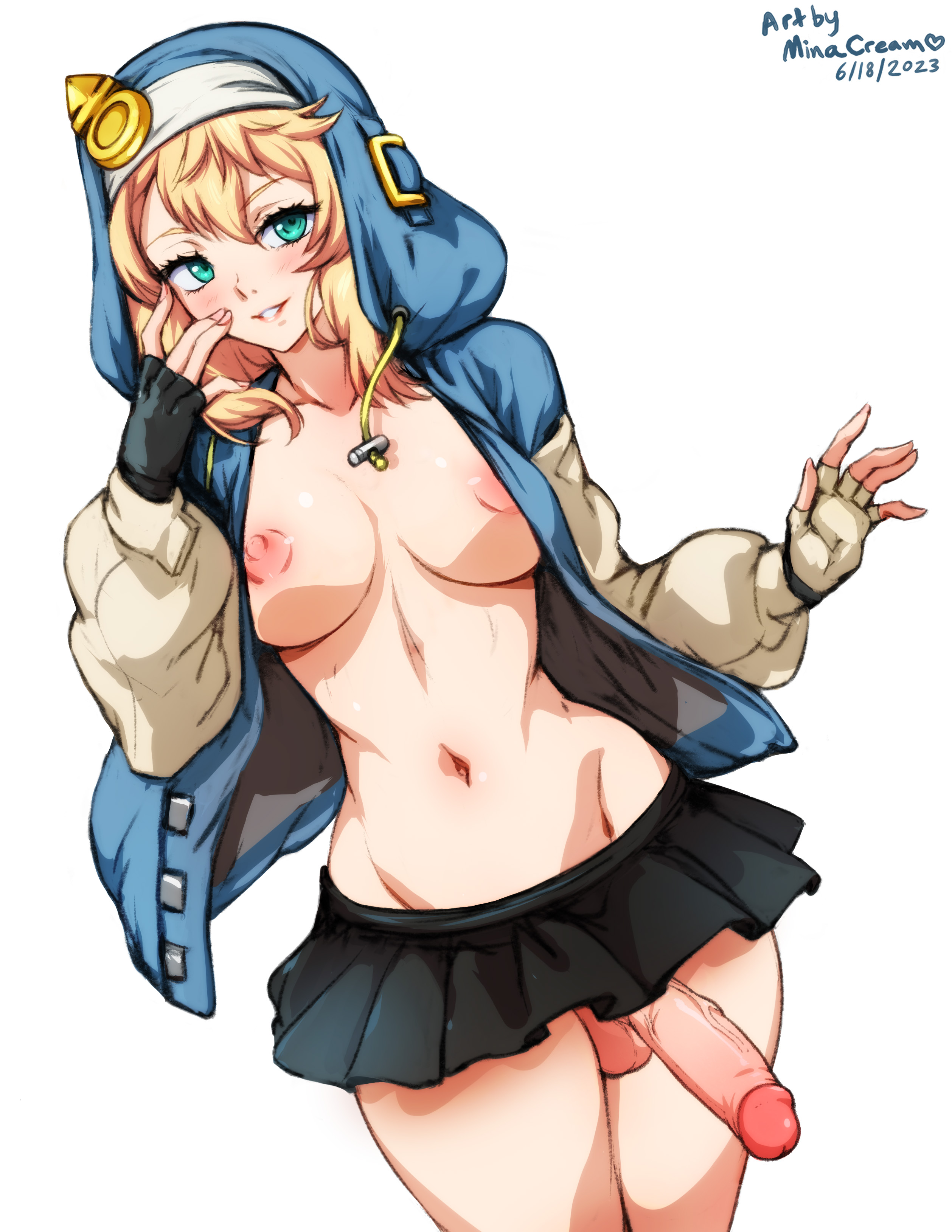 1futa, balls, belly, blonde hair, breasts, bridget, futa only, futanari, gloves, green eyes, guilty gear, guilty gear strive, guilty gear xx, hoodie, intersex, medium breasts, minacream, nipples, penis, penis under skirt, skirt, tagme, topless
