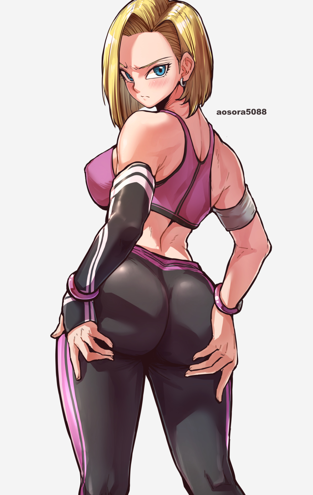 1girls, alternate costume, android 18, aosora, armband, artist name, ass, ass grab, asymmetrical bangs, back, black pants, blonde hair, blue eyes, blush, bra, bracelet, breasts, closed mouth, commentary, commission, detached sleeves, dragon ball, dragon ball z, earrings, feet out of frame, female, furrowed brow, glaring, grabbing own ass, grey background, hands on own ass, highres, jewelry, looking at viewer, medium breasts, milf, pants, parted bangs, purple bra, short hair, simple background, single detached sleeve, skeb commission, solo, sports bra, standing, tight clothes, tight pants, tsurime, underwear, yoga pants