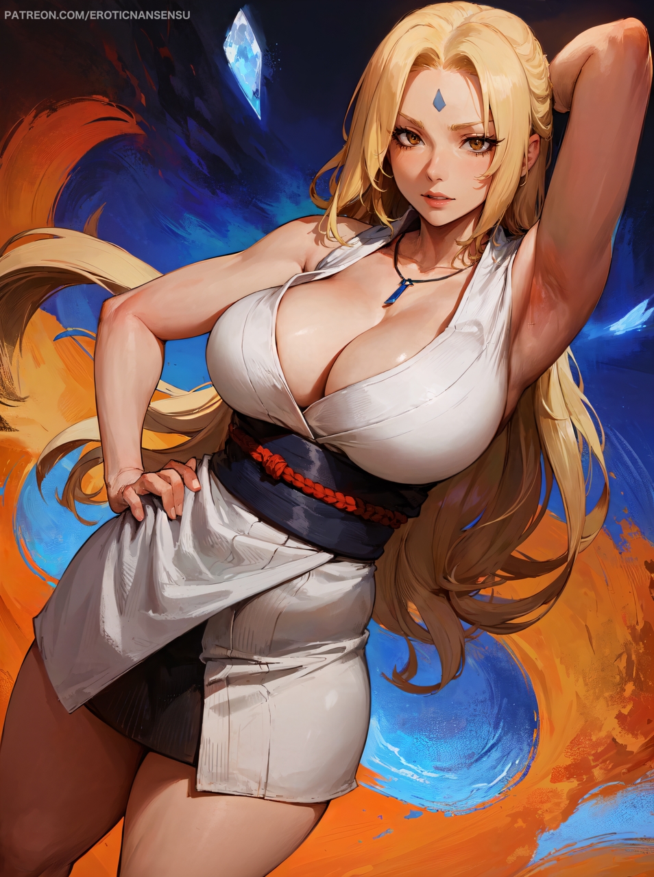 ai assisted, ai generated, blonde hair, breasts, curvaceous, curvy body, curvy female, curvy figure, erotic nansensu, female, hi res, huge breasts, long hair, mommy, naruto, naruto (classic), naruto (series), seductive look, solo female, solo focus, stable diffusion, tsunade, voluptuous, voluptuous female