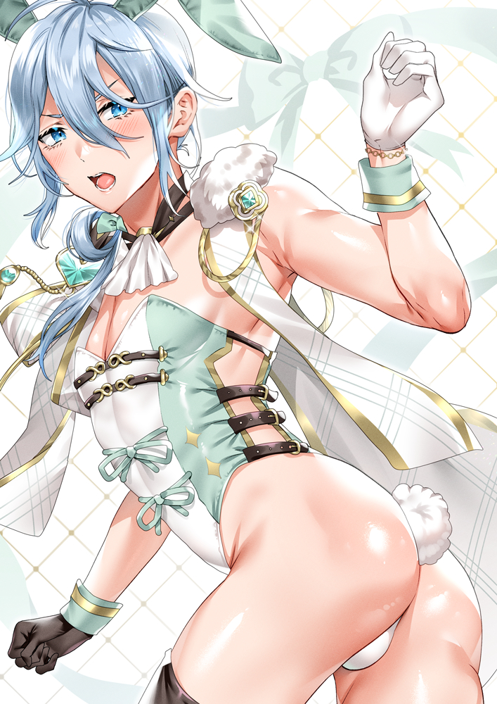 1boy 2023 ass blue_eyes blue_hair blush bunny_ears bunny_tail crossdressing edmond_(nu:_carnival) gloves highleg_leotard leotard looking_at_viewer male male_only marao more_at_source nu:_carnival open_mouth simple_background solo thighs twink white_gloves