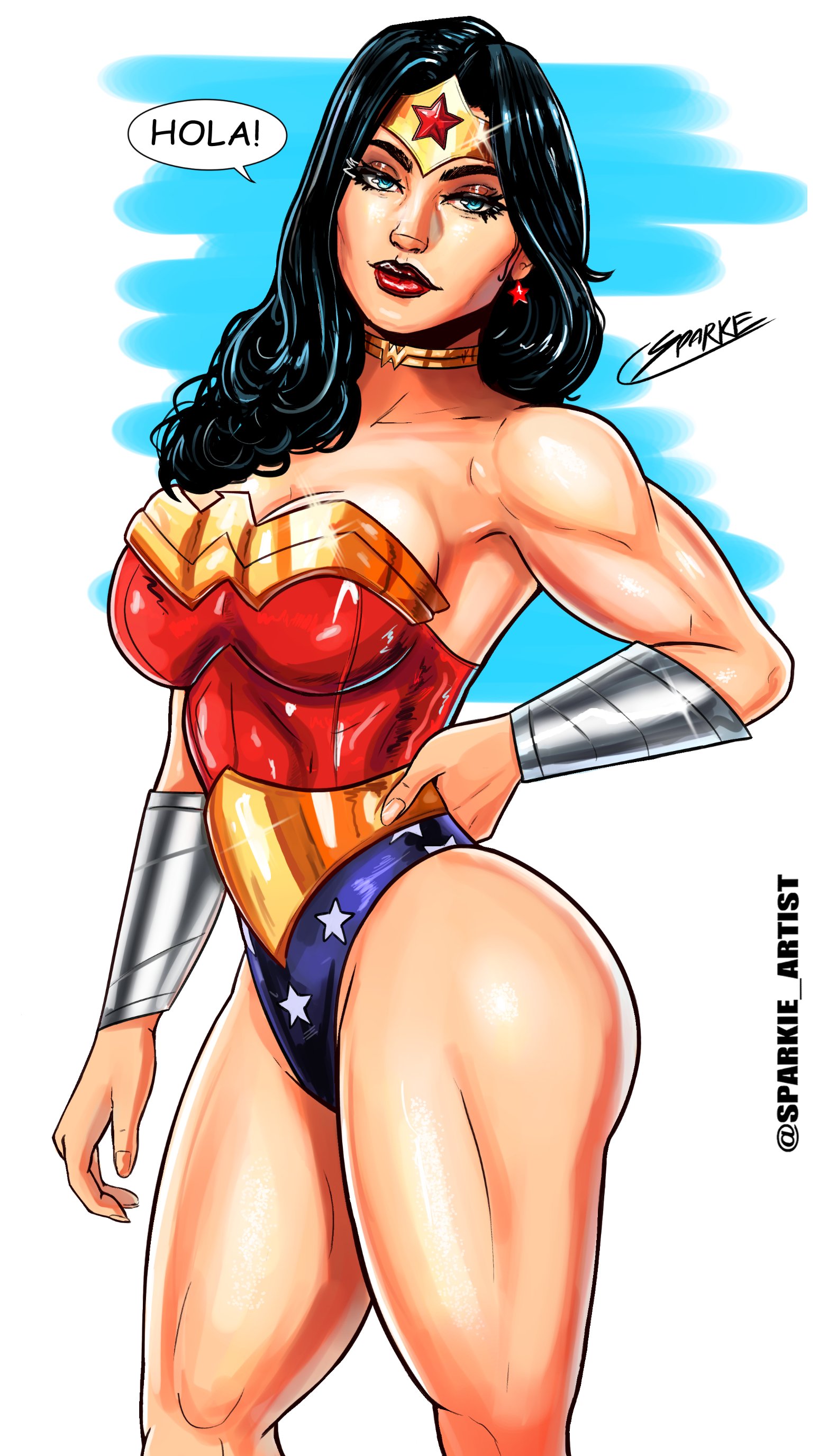 1girls, alternate version available, artist name, big breasts, black hair, blue eyes, breasts, choker, dc, dc comics, dialogue, diana prince, female, female only, leotard, looking at viewer, solo, spanish dialogue, spanish text, sparkietheartist, speech bubble, talking to viewer, thick thighs, thighs, twitter, wonder woman, wonder woman (series)