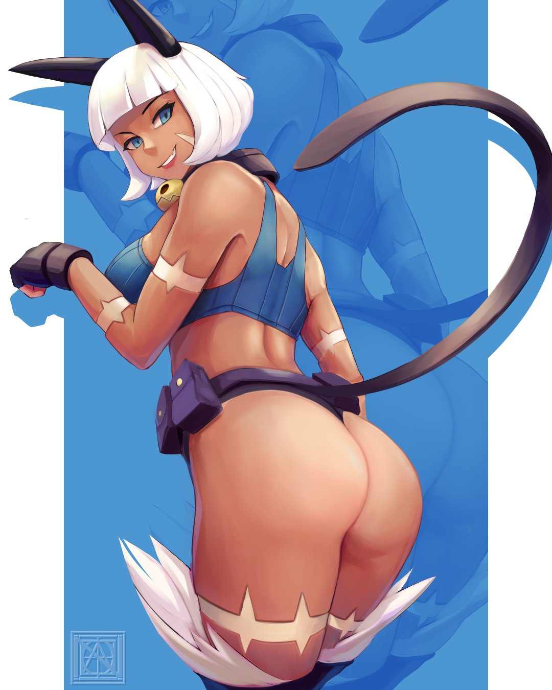 1girls 2023 animal_ears ass bell_collar belt black_panties blue_bra blue_eyes bob_cut bra cat_ears cat_tail catgirl collar etahoin facial_scar fangs fingerless_gloves from_behind gloves grin looking_at_viewer looking_back nadia_fortune panties paw_pose scar short_hair skullgirls sports_bra standing tagme tail thighhighs white_hair