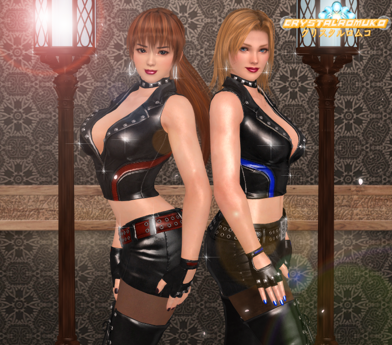 2girls 3d alternate_costume alternate_outfit auburn_hair belt biker_girl biker_gloves blonde_hair blue_eyes brown brown_eyes collar crystalromuko dead_or_alive dead_or_alive_5 earrings edit fetish_wear idol implied_yuri kasumi_(doa) leather leather_belt leather_boots looking_at_viewer studded_collar studded_leather tagme tina_armstrong voluptuous