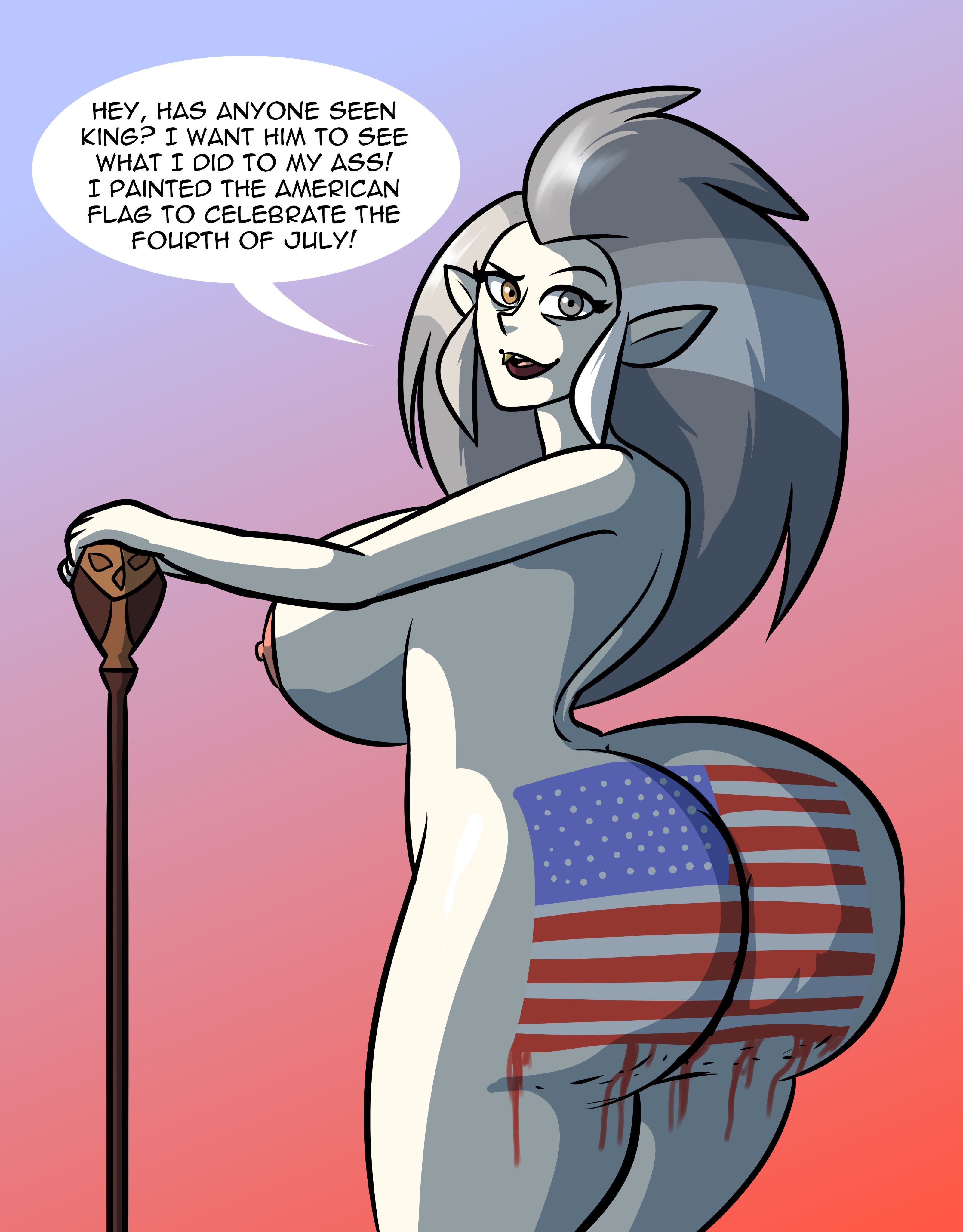 1girls, 4th of july, american flag, ass, ass bigger than head, big ass, big breasts, big butt, breasts, breasts bigger than head, bubble butt, disney, eda clawthorne, english text, female, light skin, light-skinned female, looking at viewer, max1mus, silver hair, speech bubble, straight hair, the owl house, voluptuous, voluptuous female