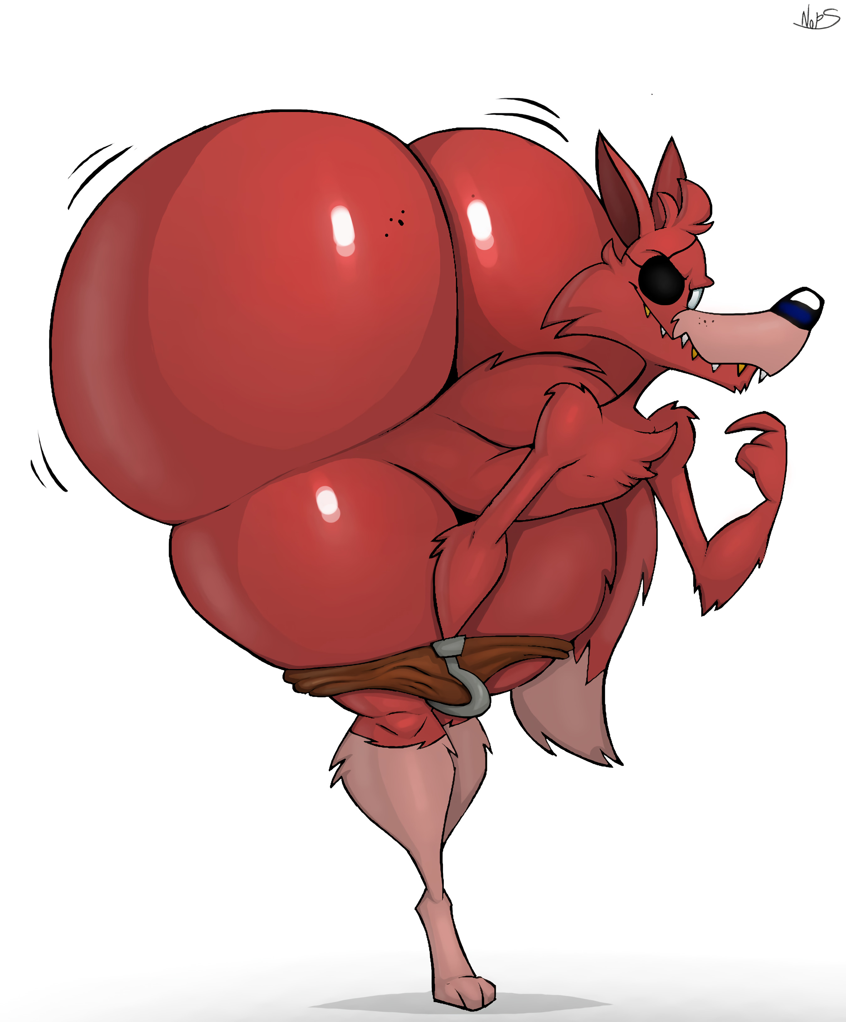 1boy, animatronic, animatronics, ass, big ass, big ass (male), bottomwear, bottomwear down, bottomwear pull, canine, eyepatch, five nights at freddy's, fnaf, fox, foxy (fnaf), huge ass, huge butt, huge cock, hyper, hyper ass, hyper butt, male, male only, penis, red fur, schplingnops, shorts, shorts down, shorts pull, smiling, smiling at viewer, smirking, smirking at viewer, solo, thick ass, thick hips, thick thighs, twitter, white background, wide hips, wide thighs