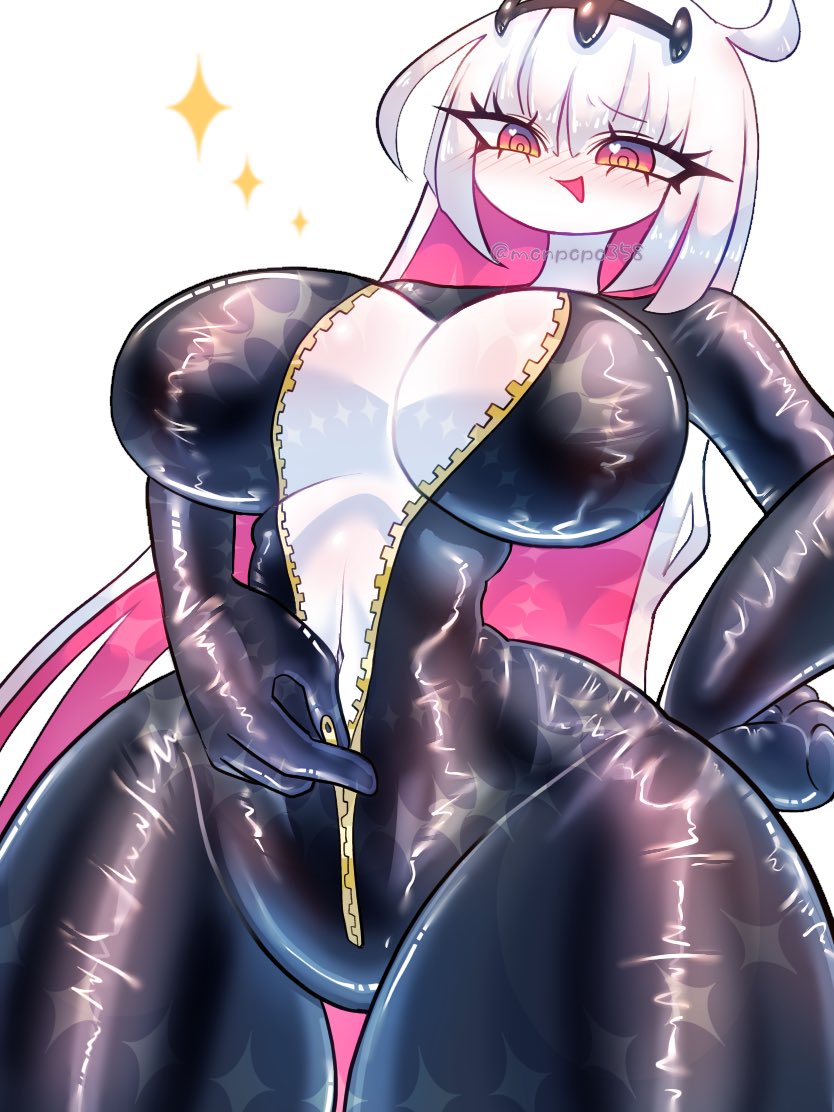 1girls artist_signature bodysuit breasts fnf_entity friday_night_funkin large_breasts monpopo358 motorcycle_suit nikusa_(fnf) nikusa_(sugarratio) no_background red_eyes smile solo thick_thighs thighs very_long_hair wide_hips