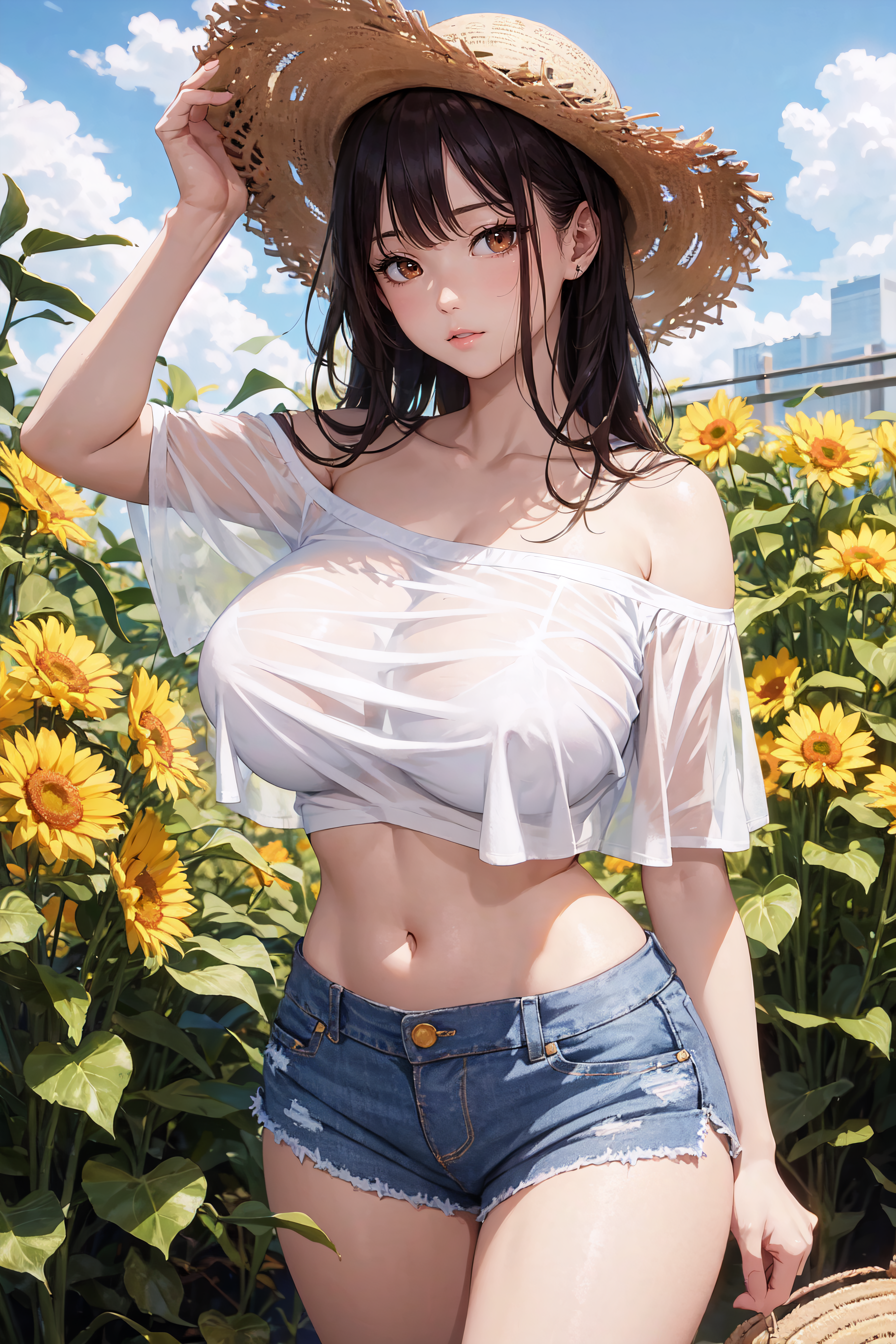 1girls, ai generated, breasts, curvaceous, curvy body, curvy female, curvy figure, female, female focus, female only, huge breasts, long hair, looking at viewer, nature background, seductive look, stable diffusion, straw hat, voluptuous, voluptuous female