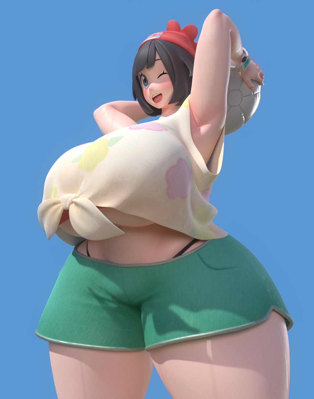 background, beach ball, big breasts, blue background, breasts, dark hair, female, huge breasts, large breasts, pokemon, pokemon sm, selene (pokemon), short hair, thick thighs, underboob, usukeninja