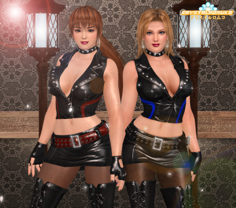 2girls 3d alternate_costume alternate_outfit auburn_hair belt biker_girl biker_gloves blonde_hair blue_eyes brown brown_eyes collar crystalromuko dead_or_alive dead_or_alive_5 earrings edit fetish_wear idol implied_yuri kasumi_(doa) leather leather_belt leather_boots looking_at_viewer studded_collar studded_leather tagme tina_armstrong voluptuous