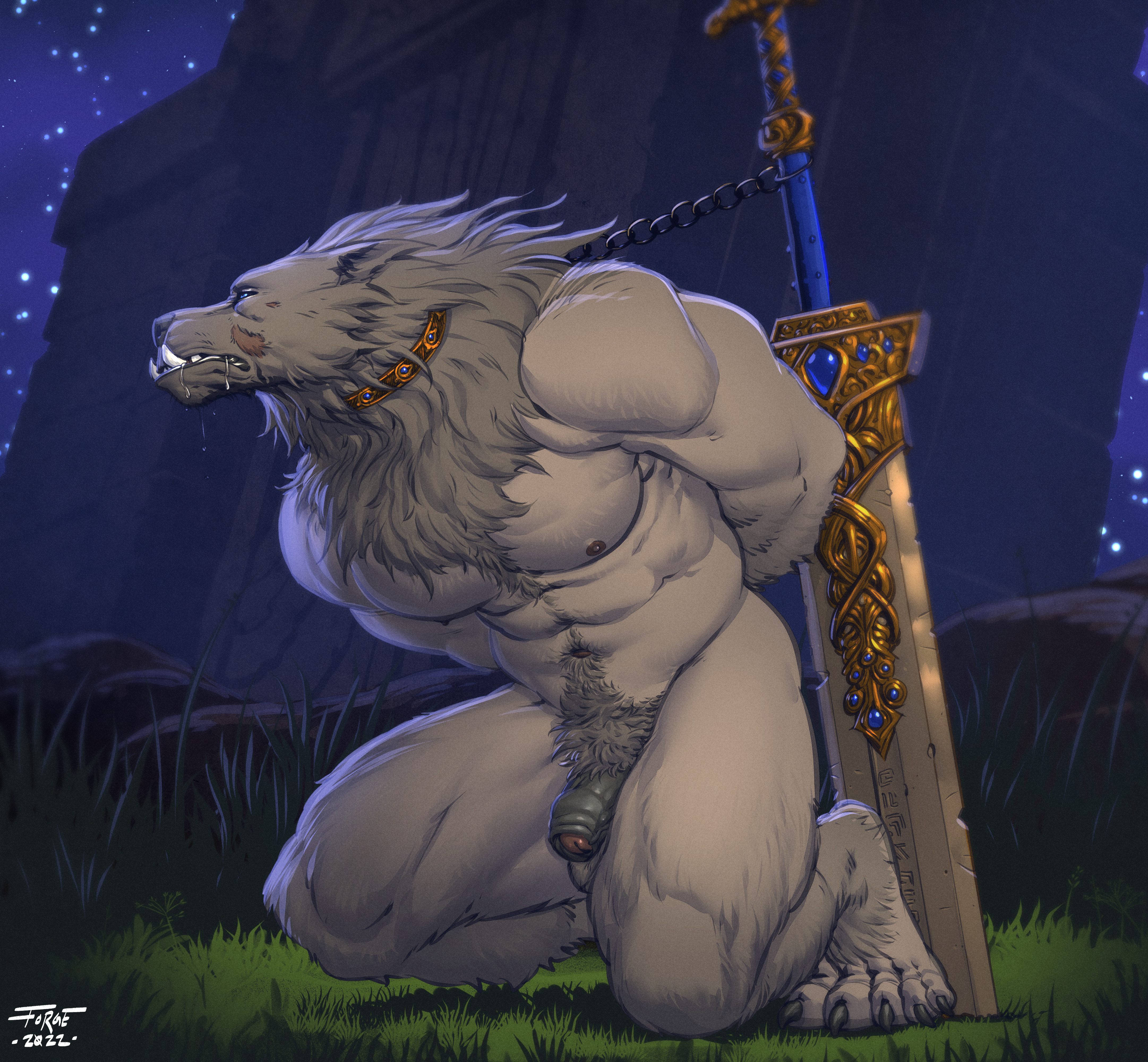 1boy, 2022, abs, anthro, artist name, balls, ballsack, bara, barely visible balls, biceps, big balls, big penis, blaidd (elden ring), body fur, canid, canine, canis, claws, collar, elden ring, fangs, flaccid, flaccid penis, foreskin, foreskin folds, forge (artist), fromsoftware, furry, grey fur, grey hair, hi res, highres, humanoid genitalia, humanoid penis, long hair, long-haired male, male, male nipples, male only, male pubic hair, mammal, masculine, muscles, muscular, muscular male, neck ruff, nipples, nude, nude male, partially retracted foreskin, penis, pubic hair, retracted foreskin, scrotum, solo, sword, teeth, teeth visible, testicles, uncircumcised, uncut, vein, veiny penis, wolf, yaoi