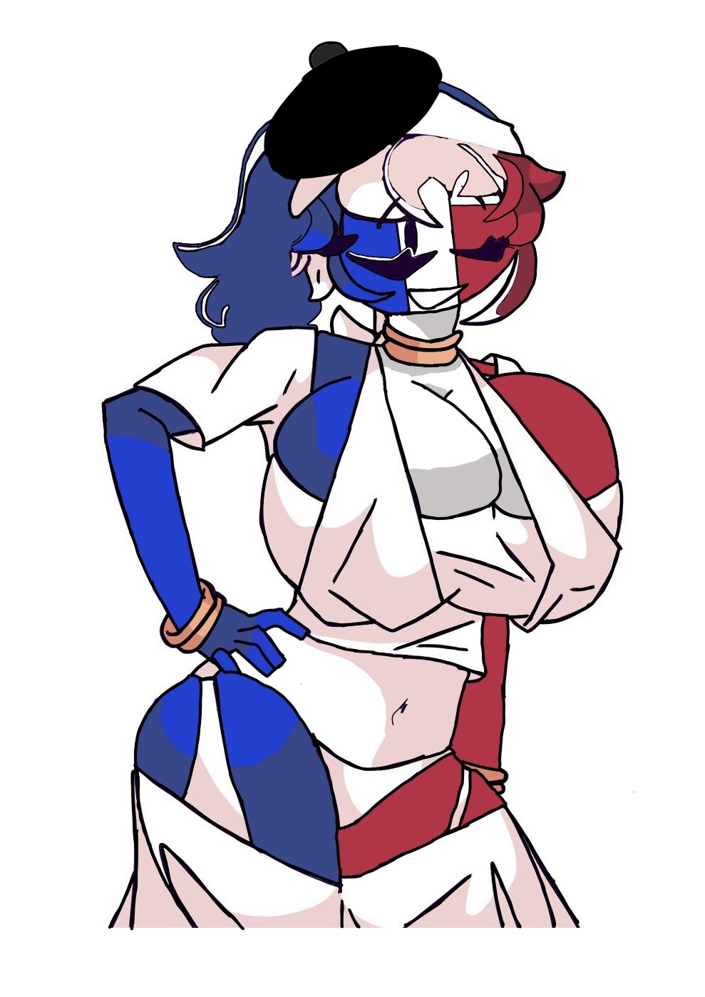 beret big_breasts countryhumans countryhumans_edit countryhumans_girl crudedraws curvy france_(countryhumans) hands_on_hips partially_clothed smile