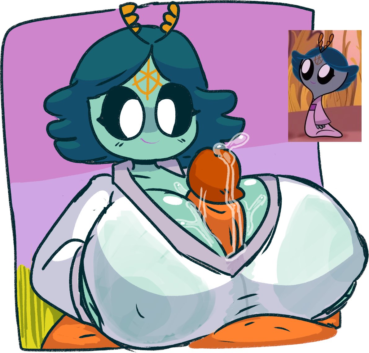 1girls beeza_(wander_over_yonder) big_breasts black_sclera clothed green_hair green_skin p-con paizuri penis precum spurhuns star_nomad tagme wander_(wander_over_yonder) wander_over_yonder white_pupils