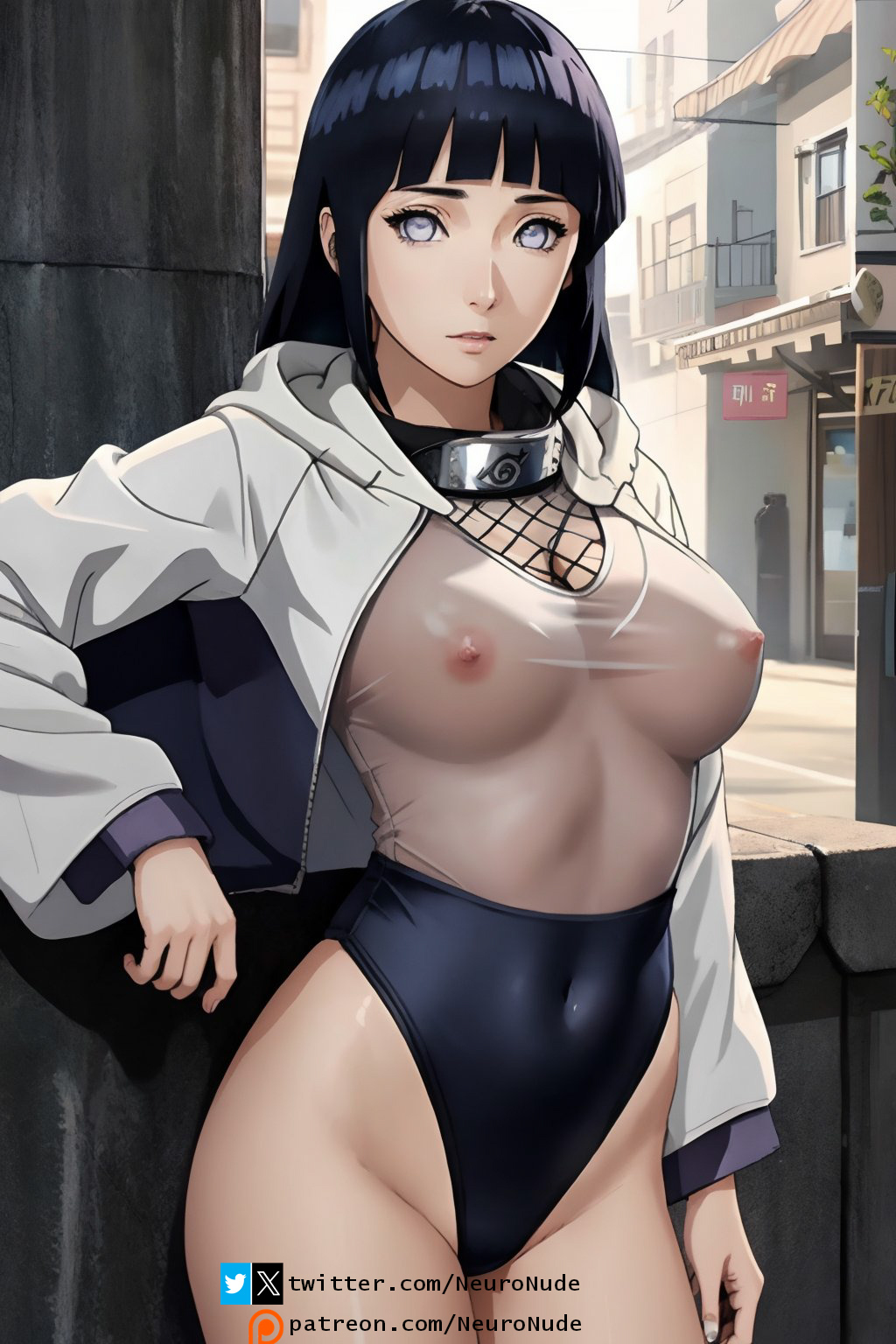 1girls ai_generated big_breasts bodysuit female hyuuga_hinata looking_at_viewer naruto naruto_(series) naruto_shippuden neuronude no_pupils see-through see-through_clothing short_hair solo solo_focus