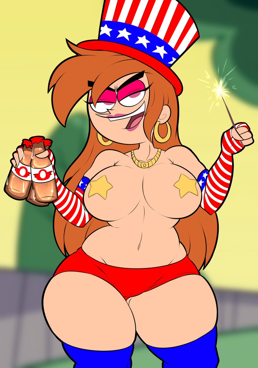 1girl, 1girls, 4th of july, aged up, big breasts, breasts, earrings, eyebrows, eyelashes, eyeshadow, female, female only, fourth of july, half naked, half-dressed, hat, holidays, large breasts, light skin, light-skinned female, lipstick, long hair, looking at viewer, milf, navel, necklace, nickelodeon, orange hair, pasties, pink eyes, shorts, solo, solo female, solo focus, straight hair, teenagebratwurst, the fairly oddparents, thick legs, thick thighs, thighhighs, thighs, topless, vicky (fairly odd parents), wide hips