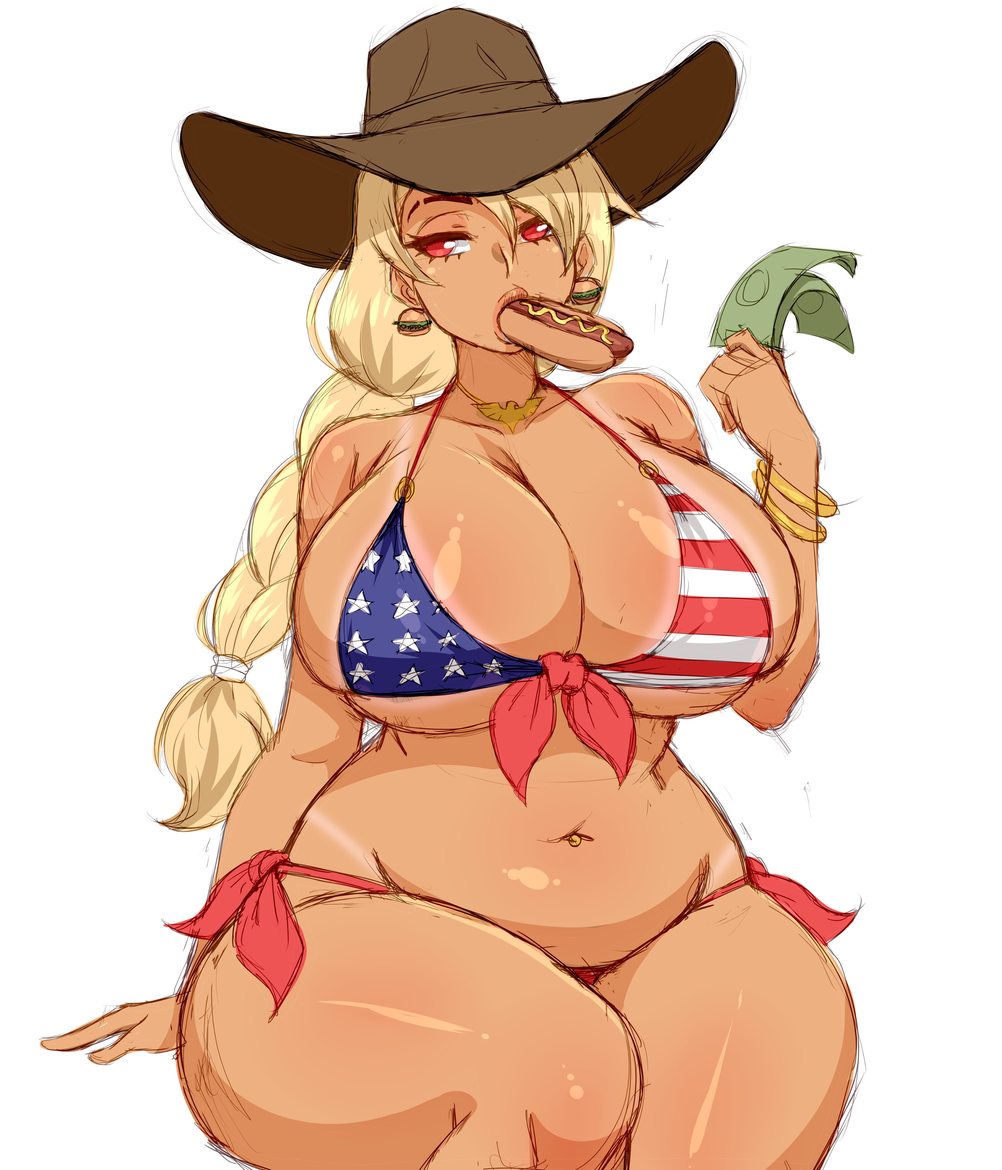 1girls, american flag bikini, big breasts, breasts, female, female only, huge breasts, simmsy, slightly chubby, solo, thick thighs, voluptuous, wide hips